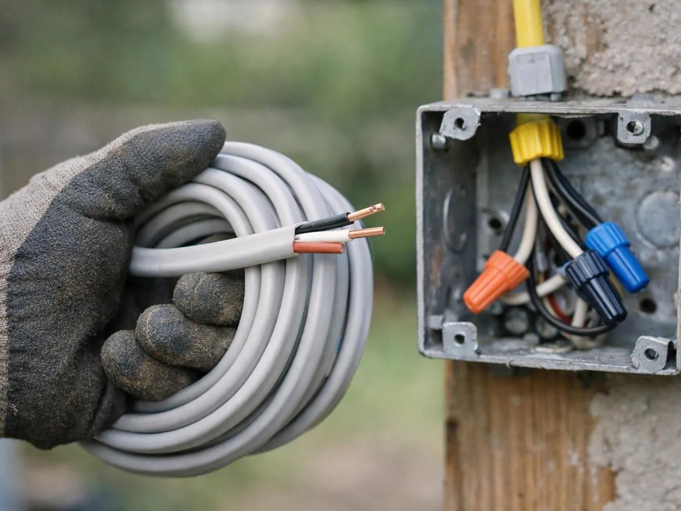 A gloved hand holds a coiled gray electrical cable beside an open junction box with wire nuts
