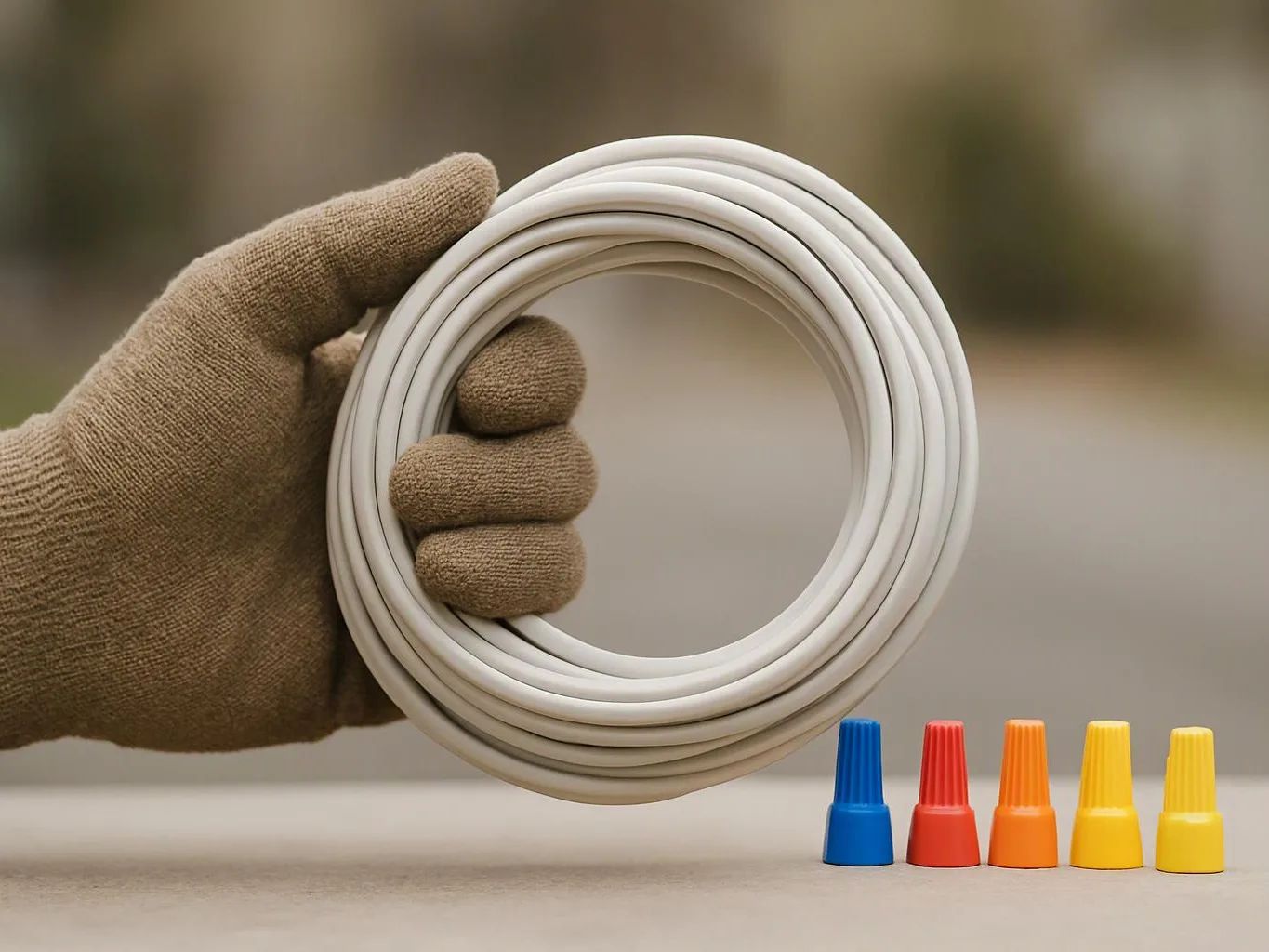 A gloved hand holds a coiled white cable beside five colorful connector caps on a tabletop