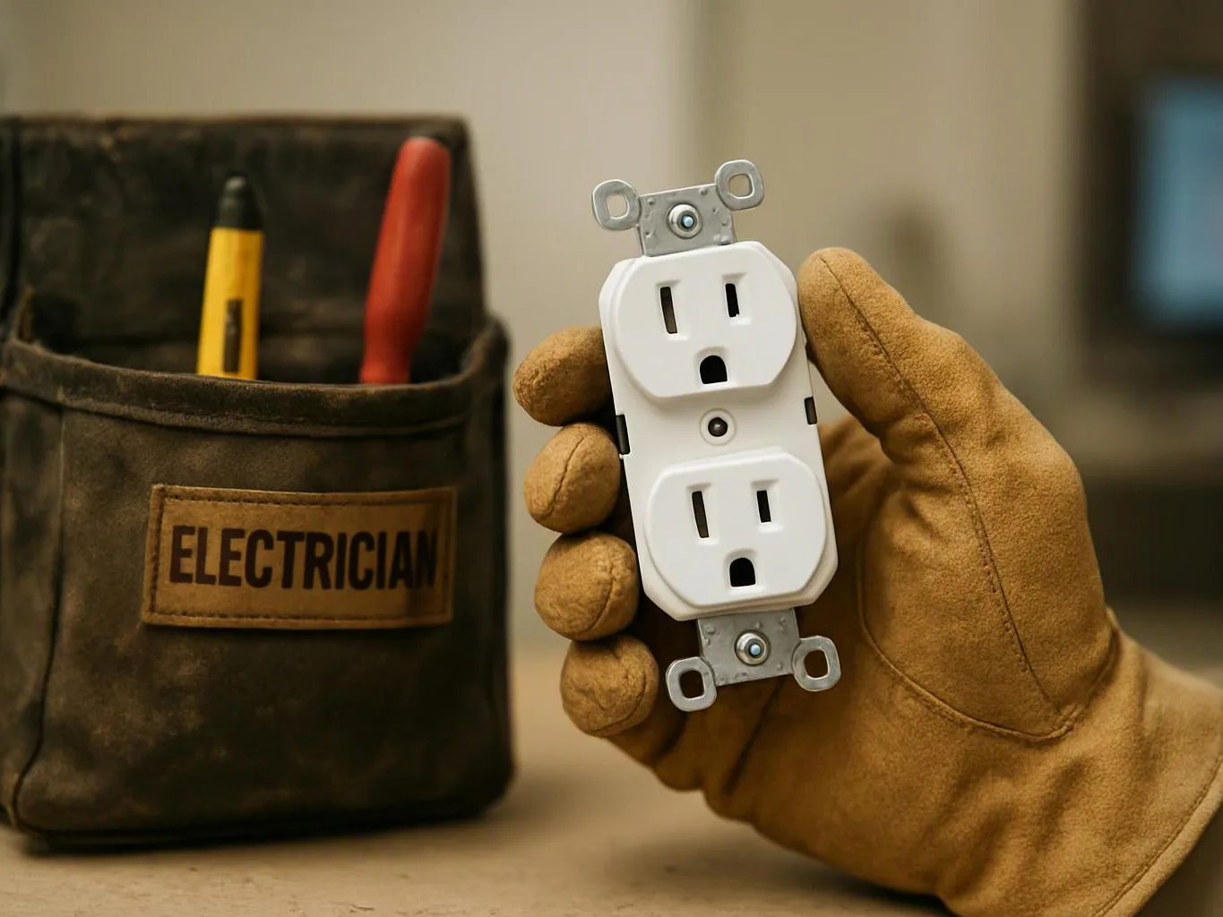 A gloved hand holds a duplex electrical outlet beside a tool pouch labeled electrician