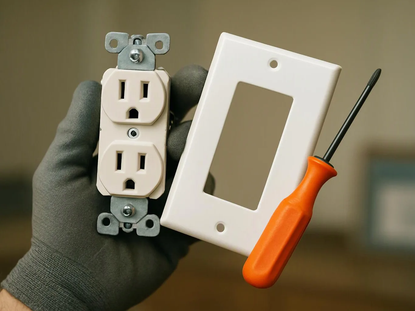 A gloved hand holds an electrical outlet, a white wall plate
