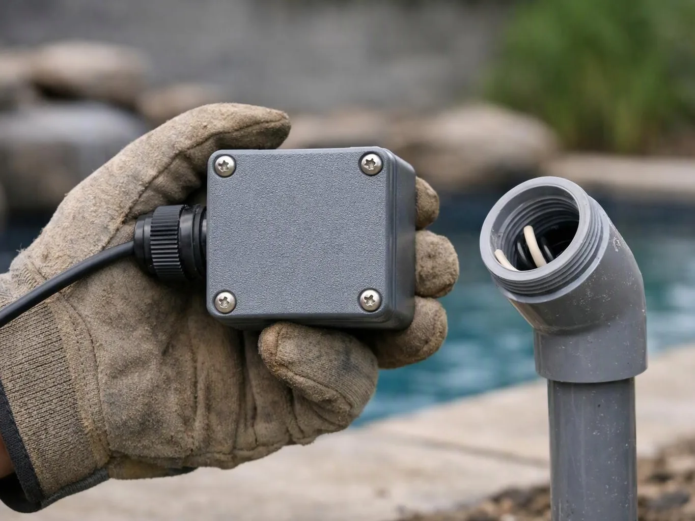 A gloved hand holds a gray electrical box beside an open PVC pipe near a pool