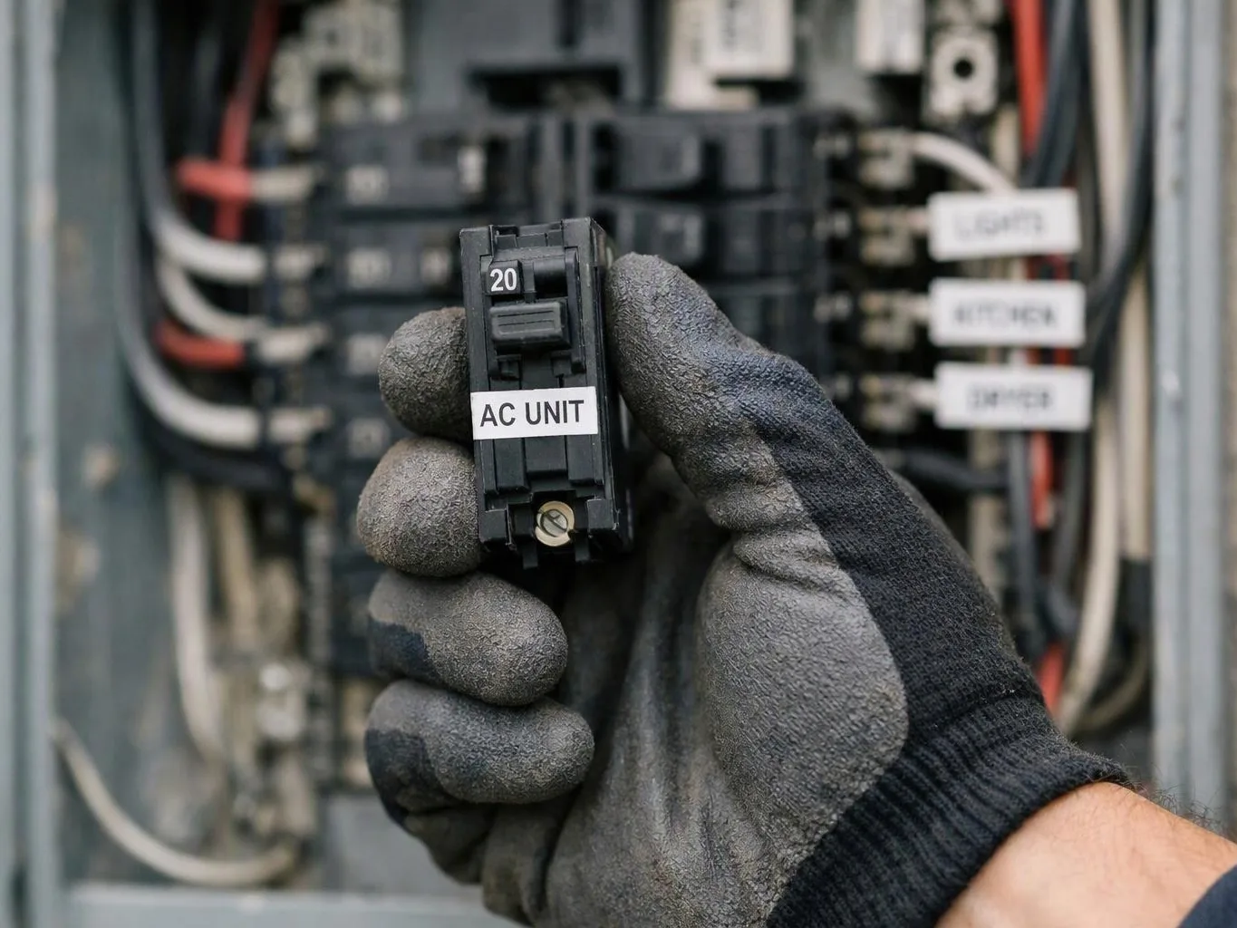 A gloved hand holds a labeled circuit breaker in an electrical panel with wires behind it