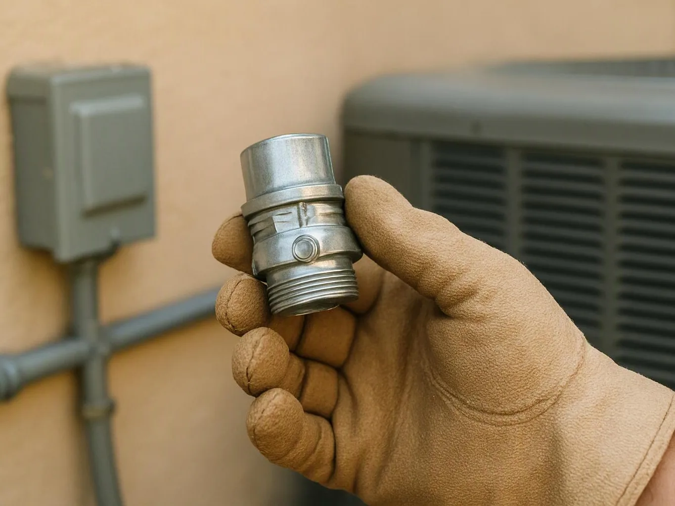 A gloved hand holds a metal electrical fitting beside outdoor conduit and a vented unit