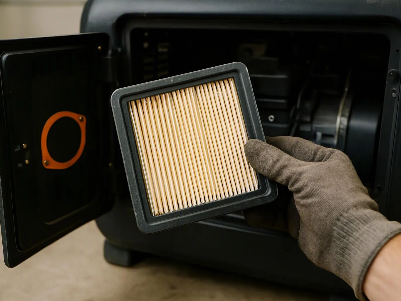 A gloved hand holds a pleated air filter beside an open black machine housing indoors