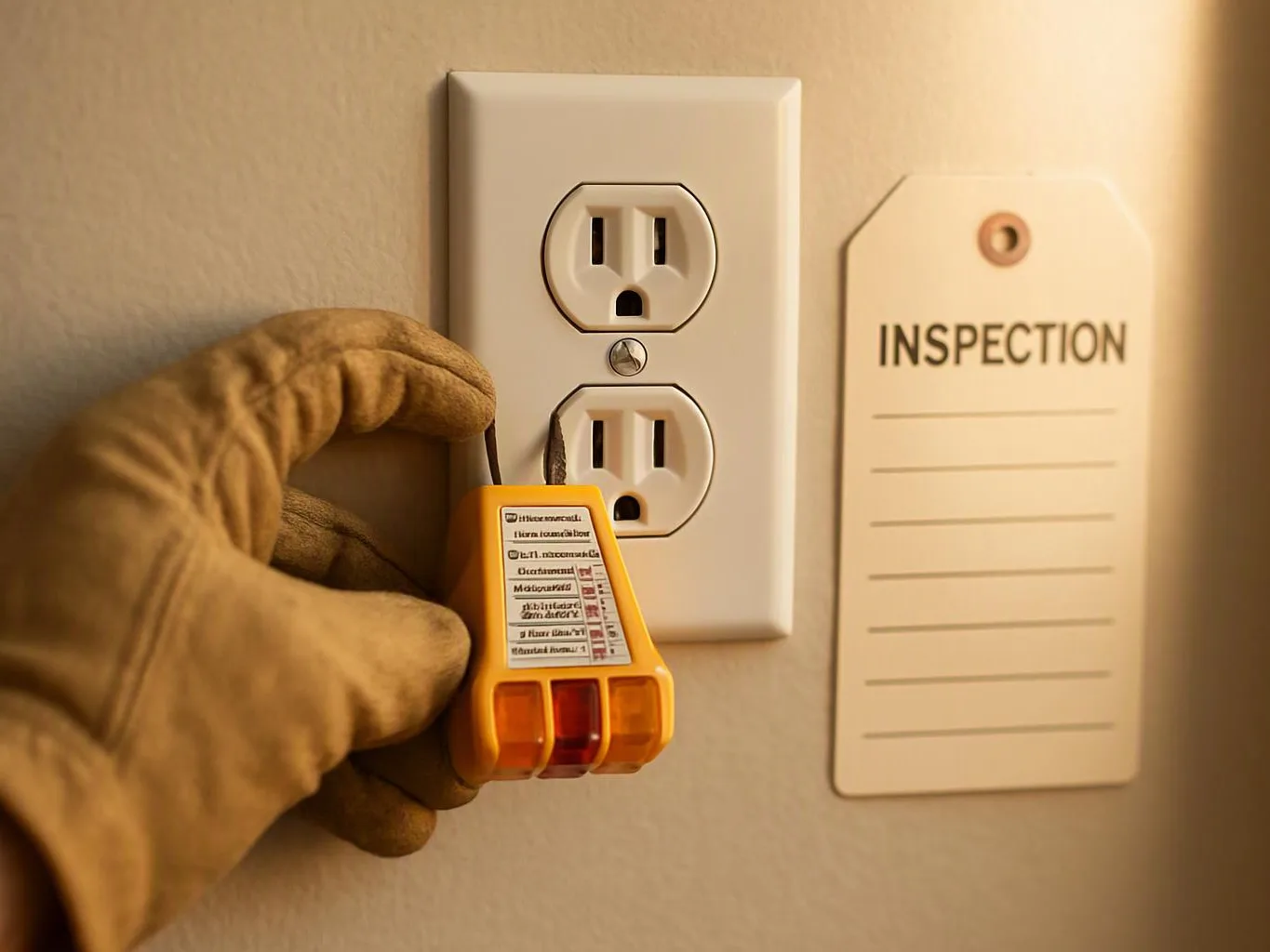 A gloved hand holds a plug-in electrical tester beside a wall outlet and an inspection tag