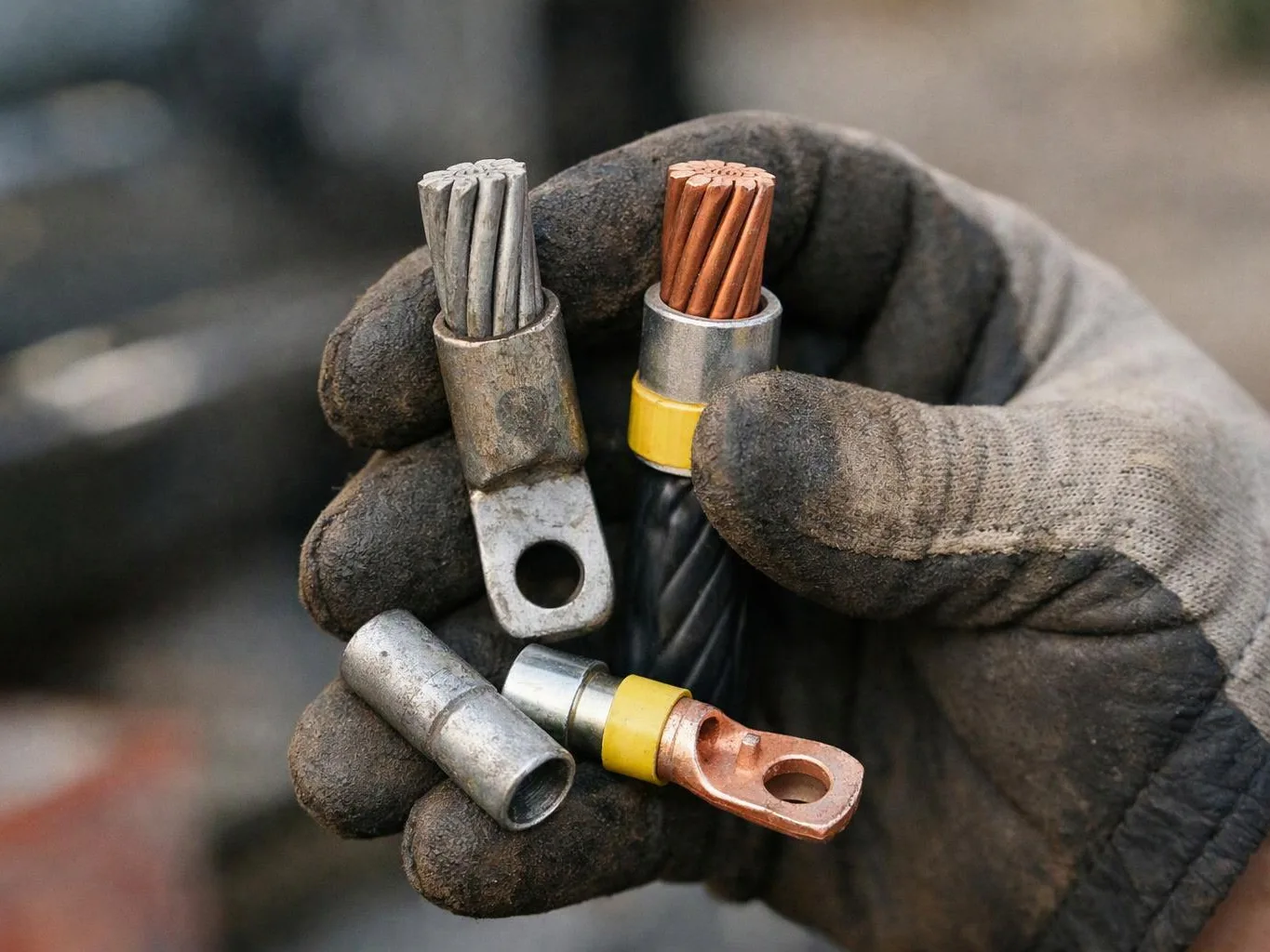 A gloved hand holds several crimped electrical cable lugs against a blurred workshop background