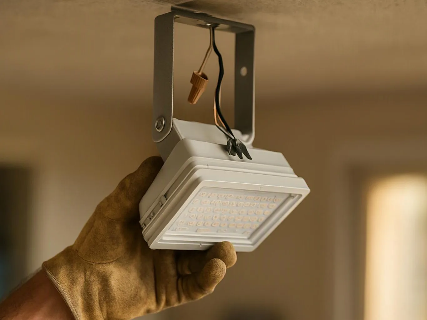 A gloved hand holds a small square LED light fixture with hanging wires indoors