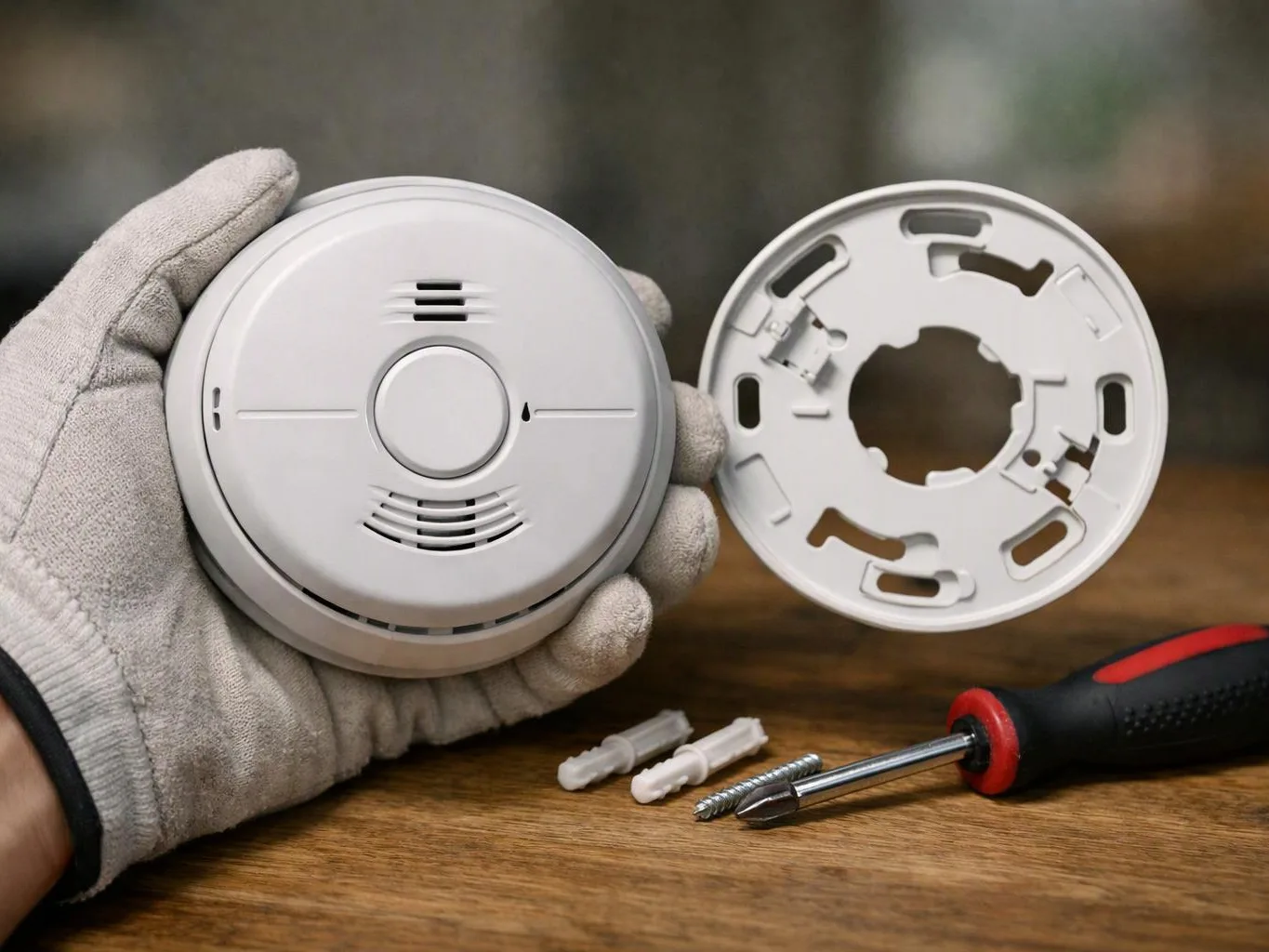 A gloved hand holds a smoke detector beside its mounting plate, with screws and a screwdriver on a wooden table