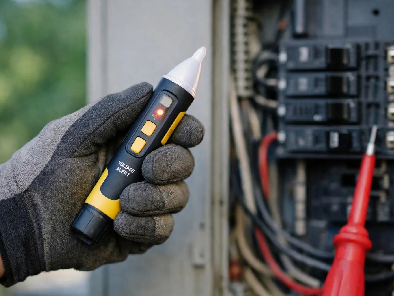 Gloved hand holds a voltage tester beside an open electrical panel with wires and breakers