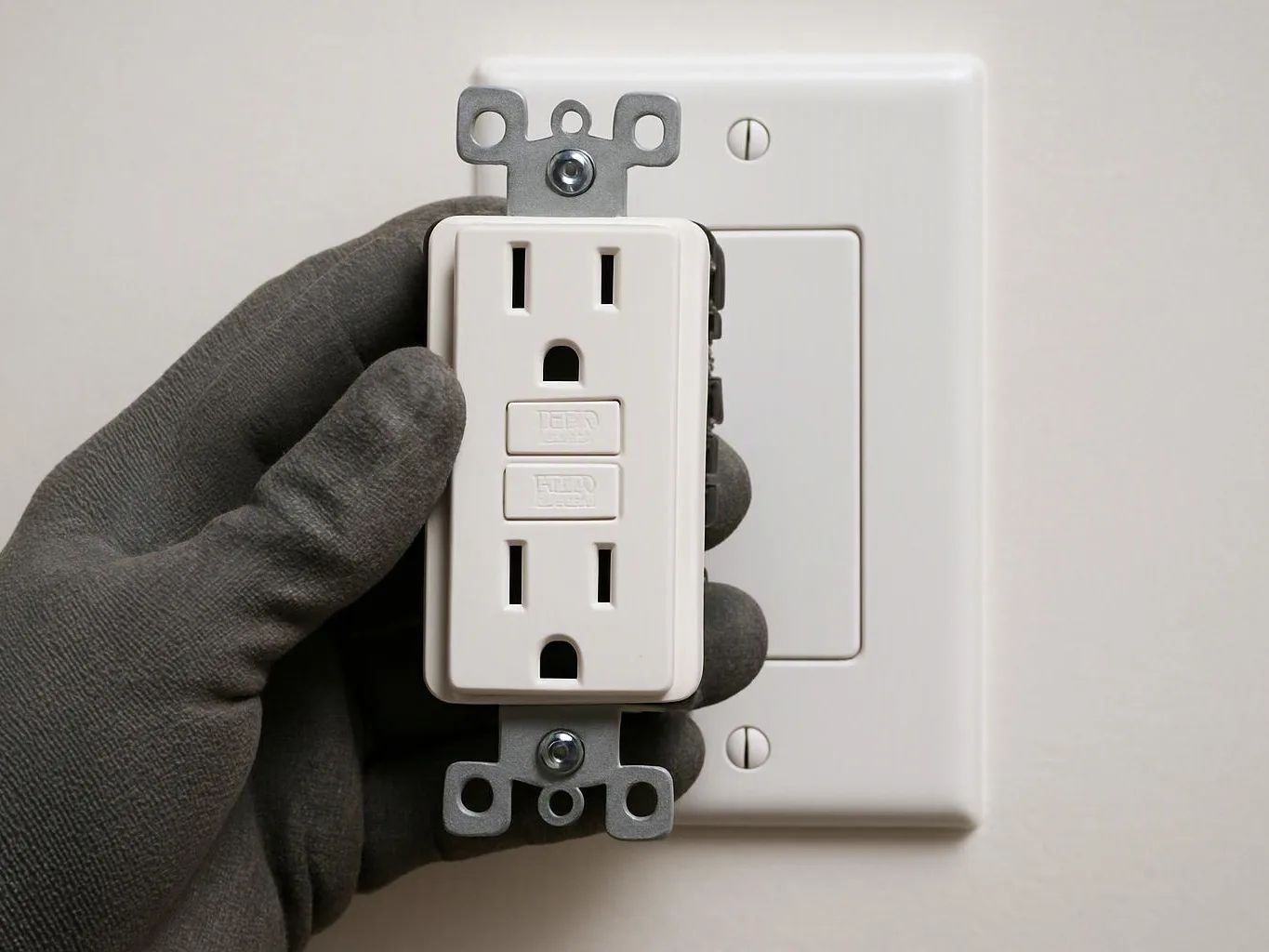 A gloved hand holds a white electrical outlet against a wall switch plate on a plain wall