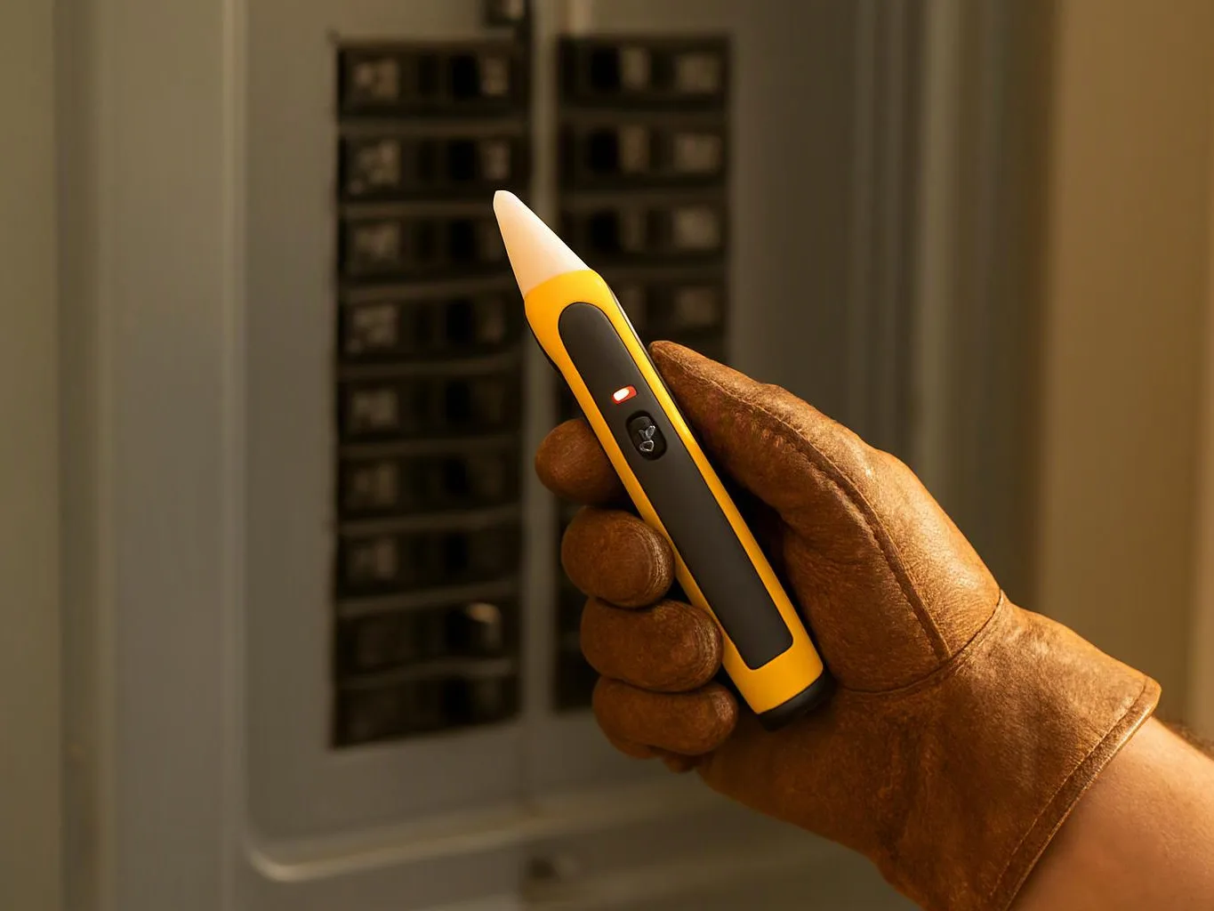 A gloved hand holds a yellow electrical tester in front of an open breaker panel