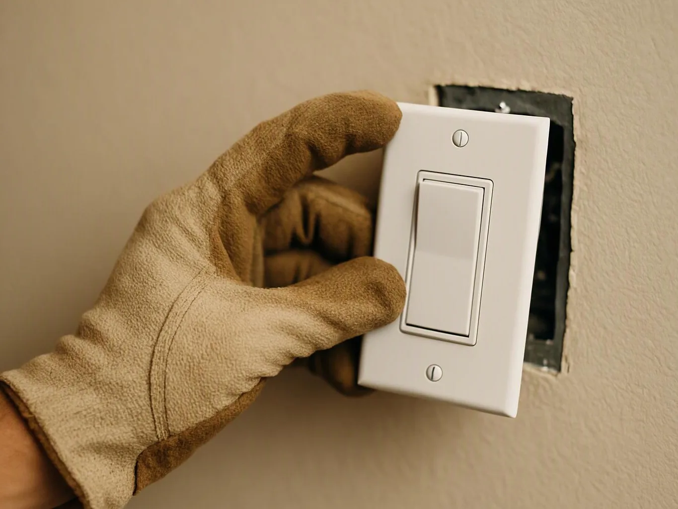 A gloved hand installs a white light switch into a beige wall opening