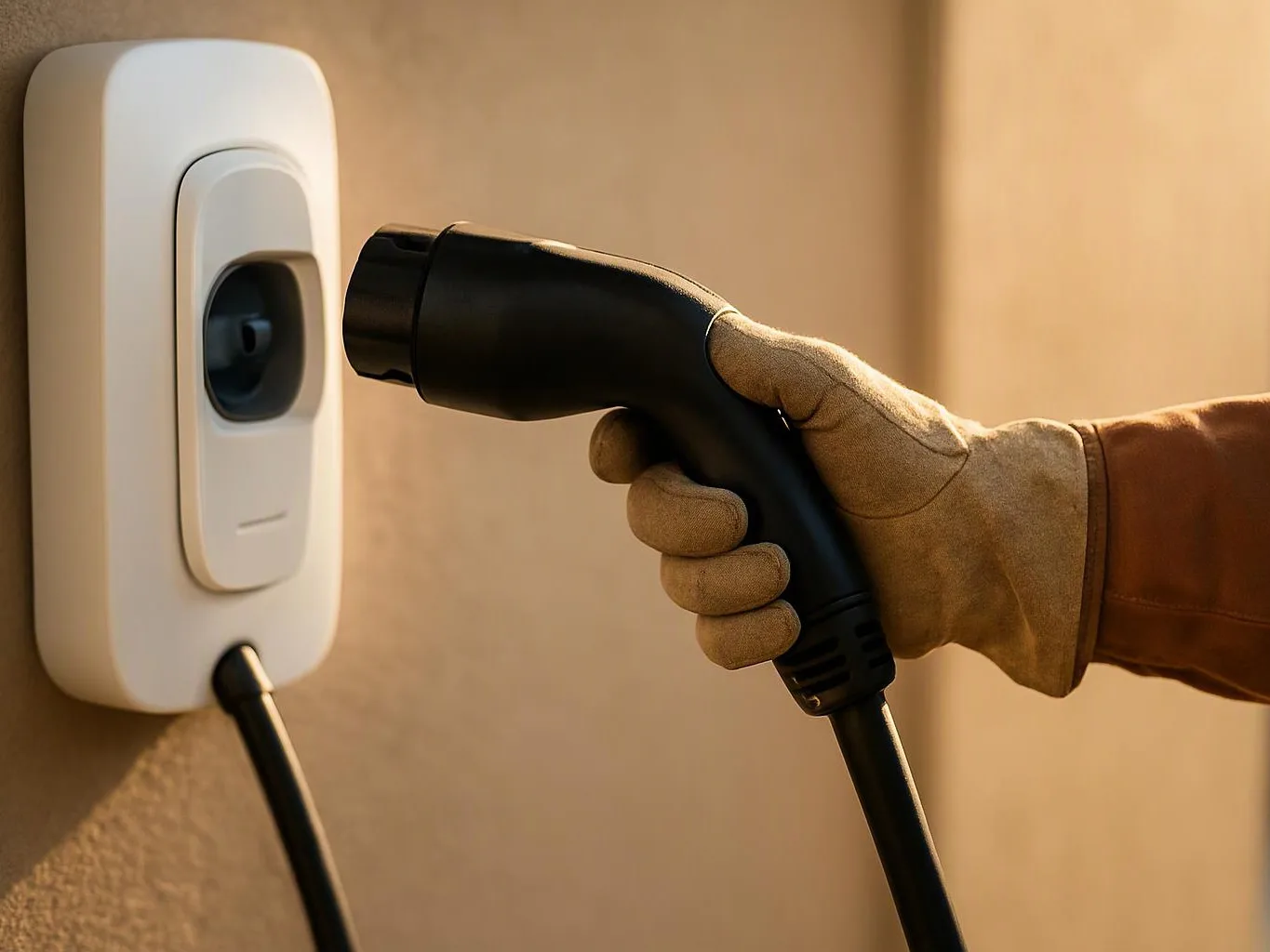 A gloved hand plugs a black charging connector into a wall-mounted charging port indoors