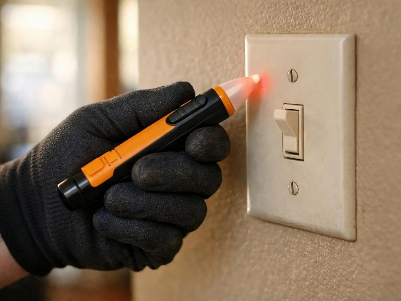 A gloved hand points a lit voltage tester at a wall light switch plate indoors