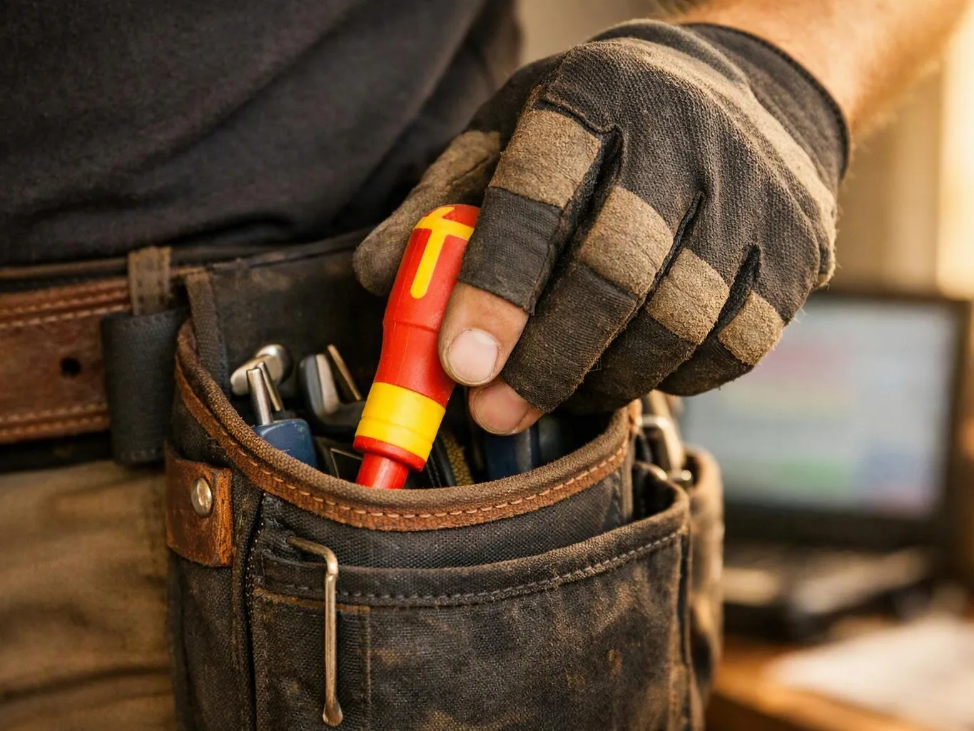 A gloved hand pulls a red and yellow screwdriver from a worn tool belt pocket