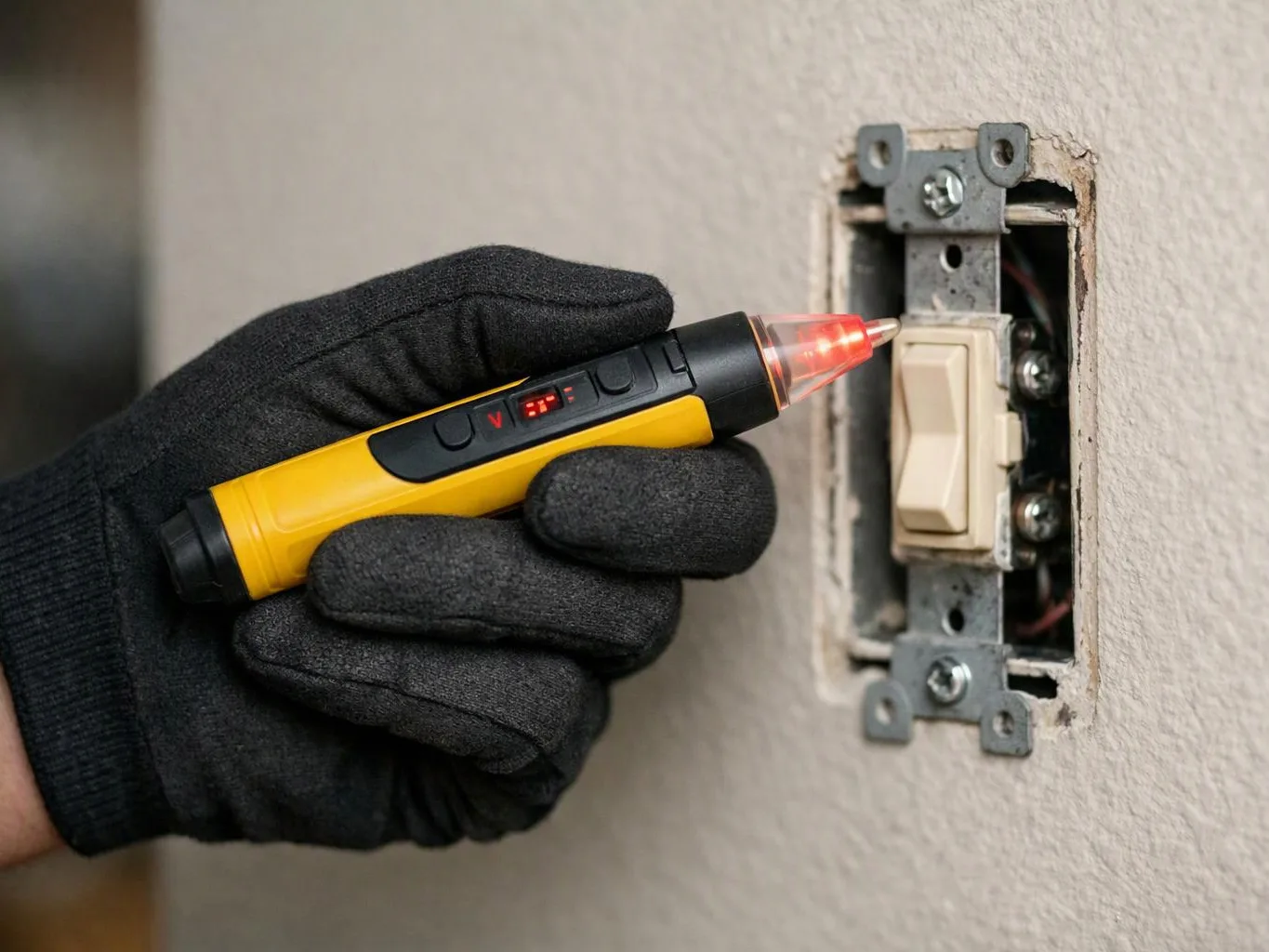 A gloved hand tests a wall light switch with a glowing voltage detector on an exposed electrical box