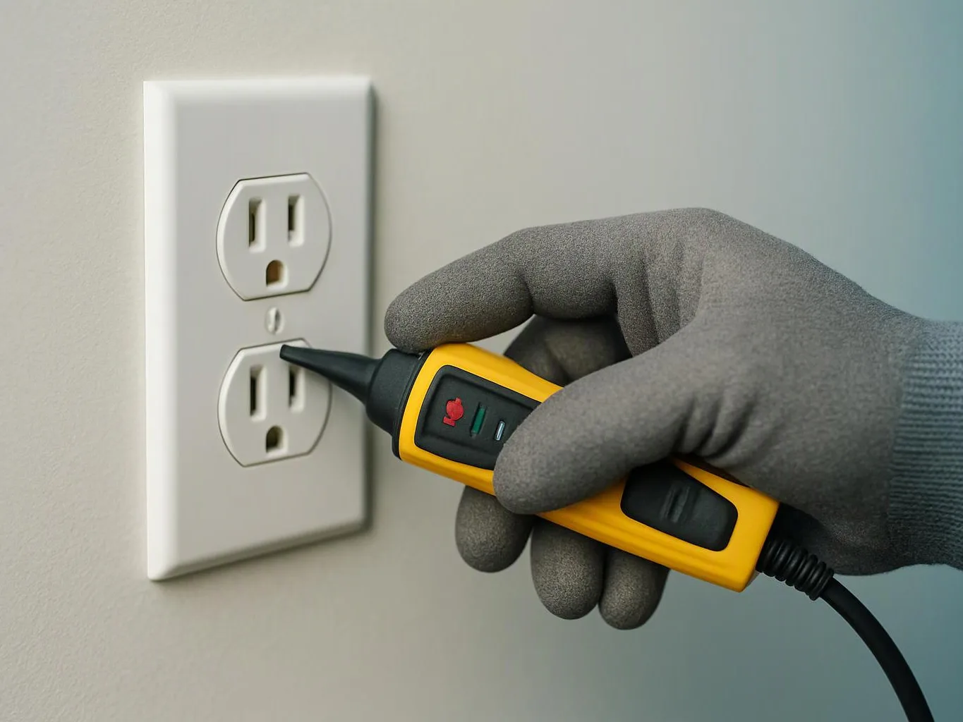 A gloved hand tests a wall outlet with a yellow electrical voltage detector