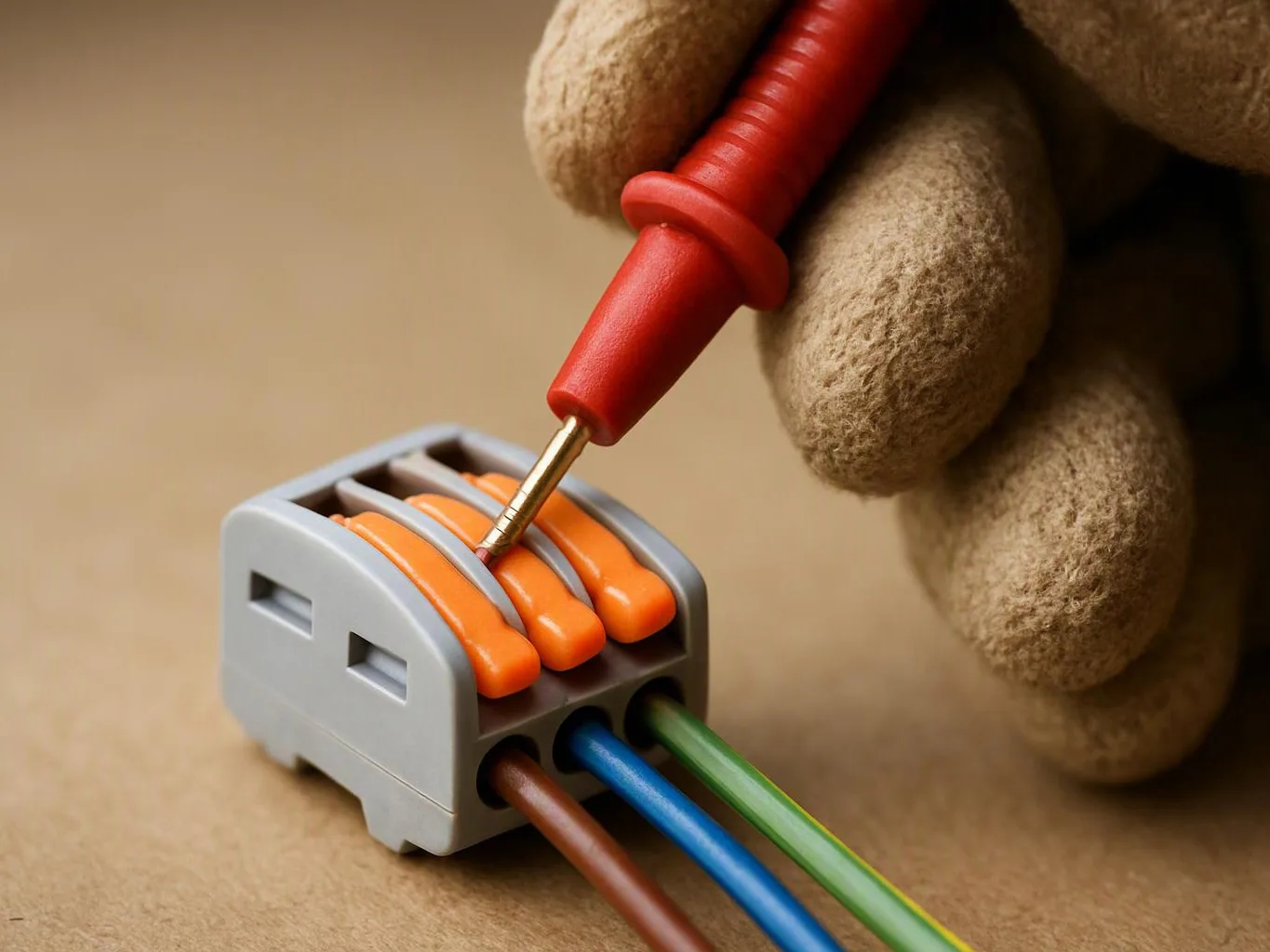 A gloved hand uses a red tester on a small electrical connector with colored wires on a beige surface