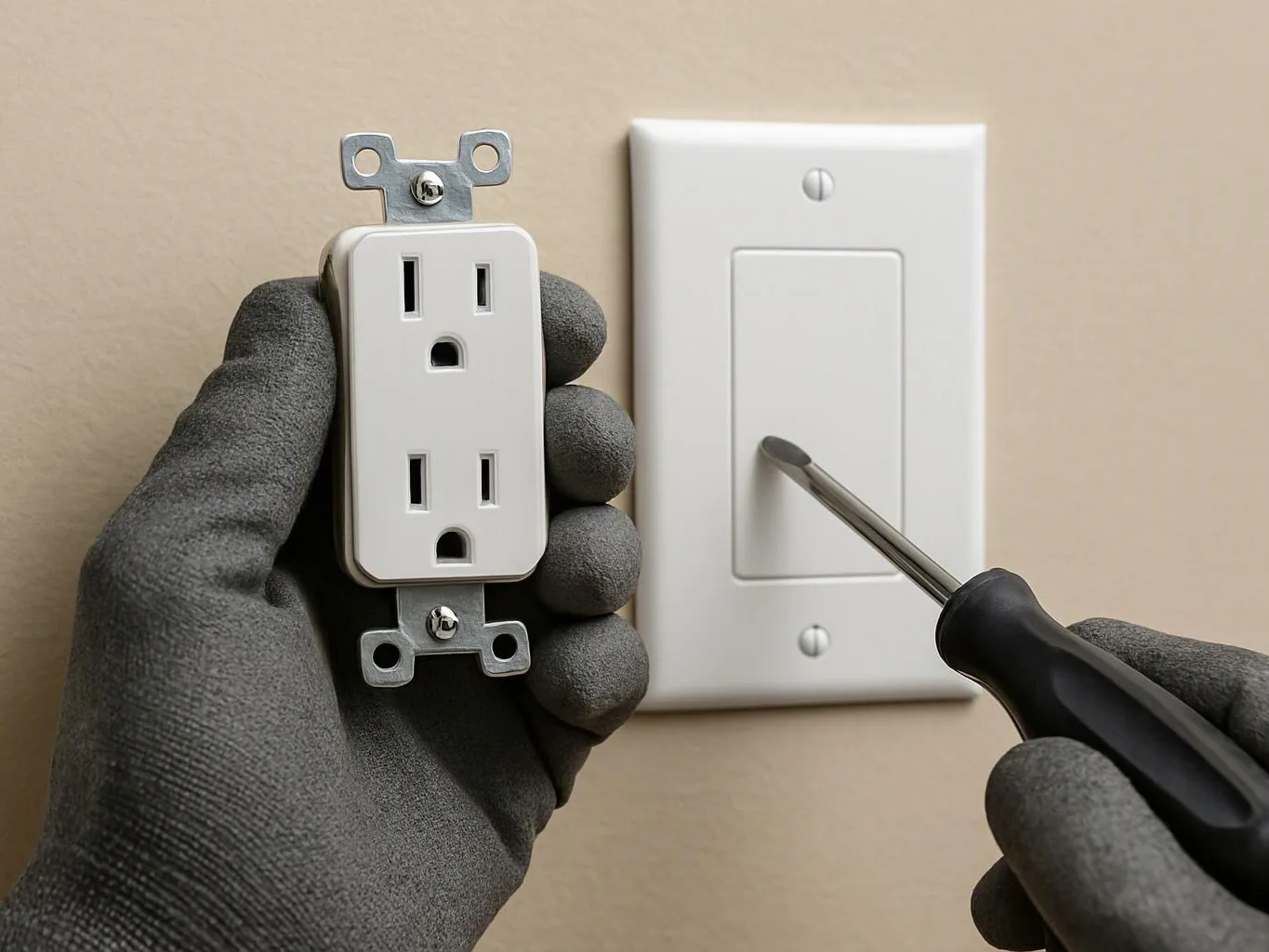 Gloved hands hold an electrical outlet and screwdriver beside a wall light switch plate
