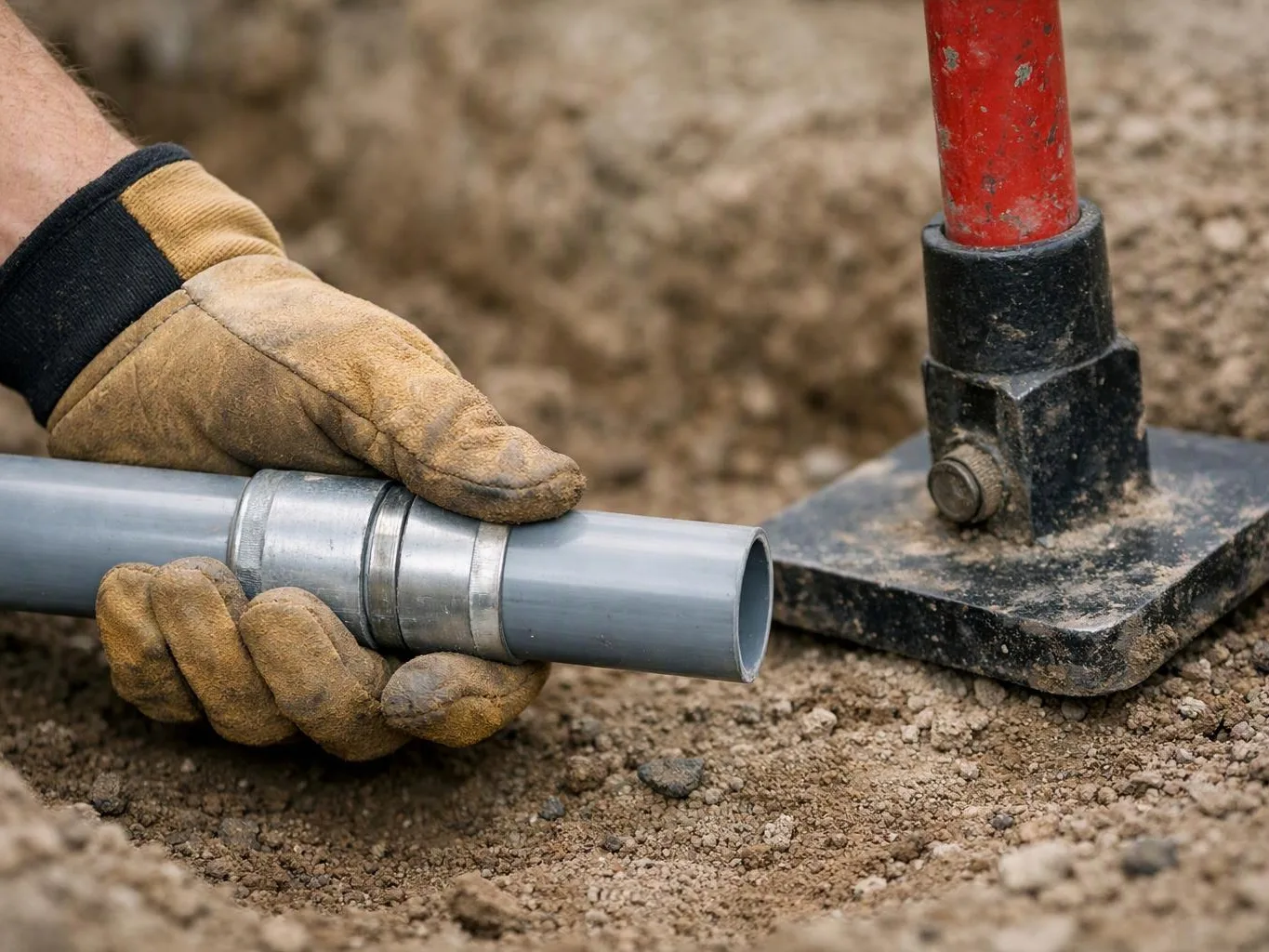Gloved hands hold a gray pipe beside a red-handled digging tool in dirt