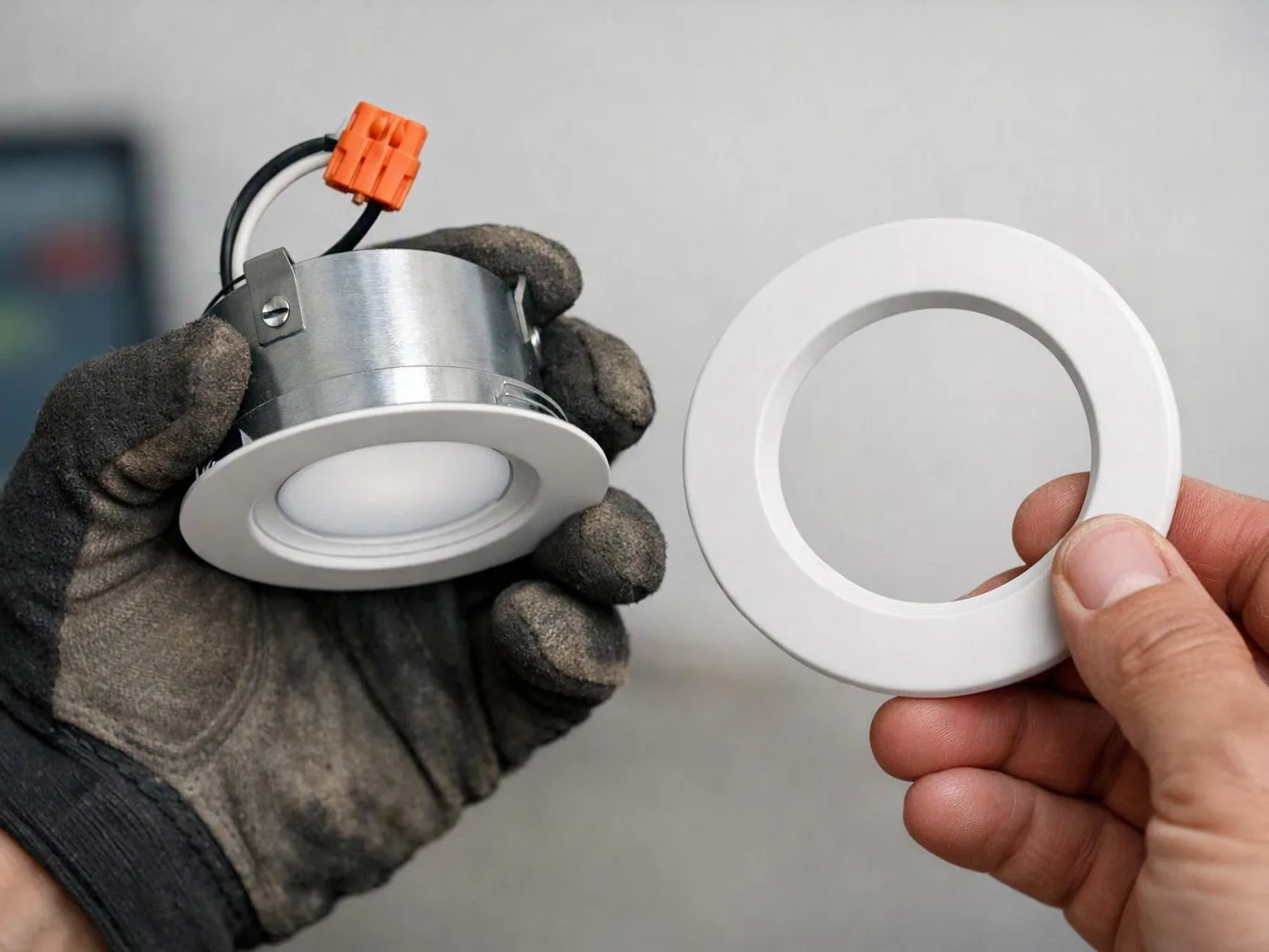 Gloved hands hold a recessed ceiling light and a white trim ring against a plain gray background
