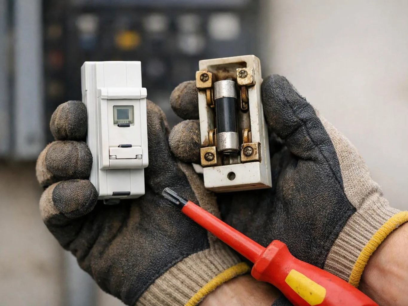 Gloved hands hold a small white electrical device and a worn fuse holder, with a red screwdriver below