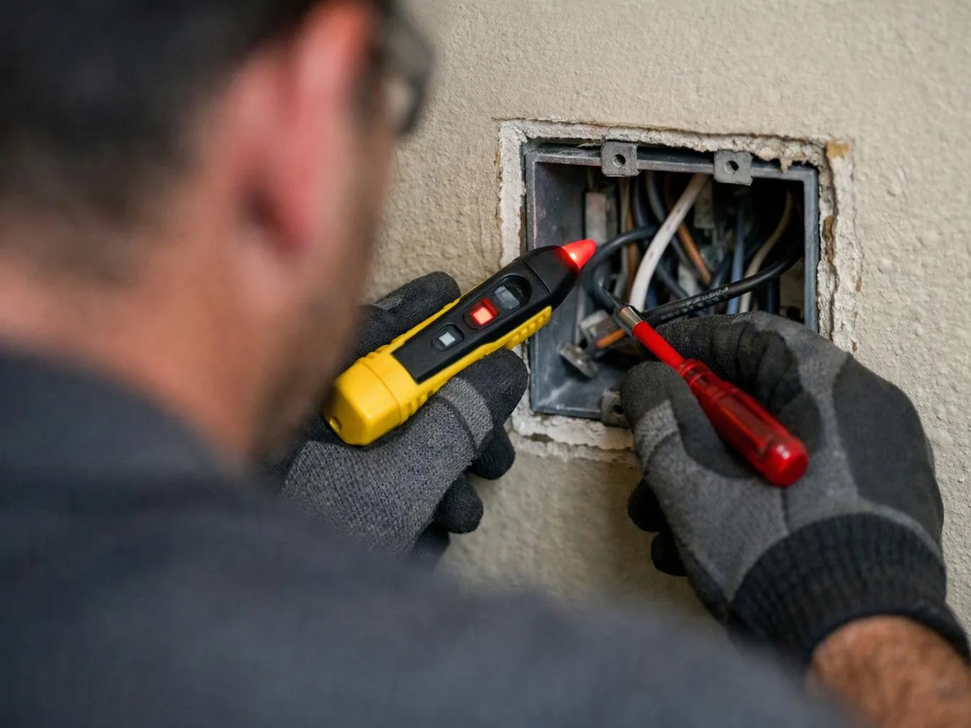 Gloved hands test exposed electrical wires in a wall box with a voltage tester and screwdriver