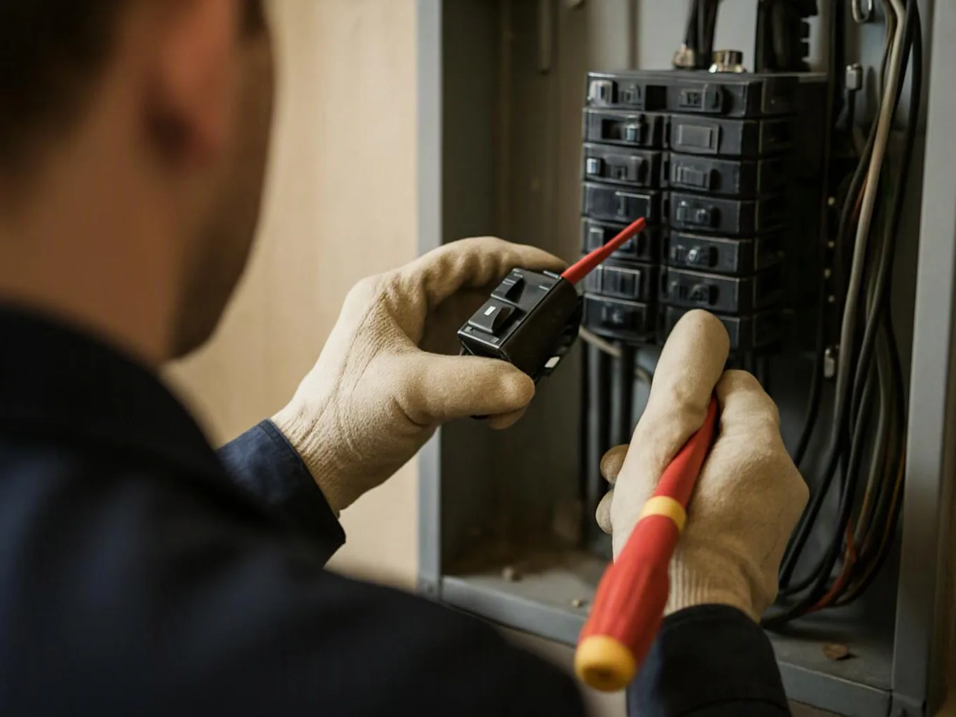 A gloved technician tests an electrical breaker panel with a red probe inside a gray cabinet