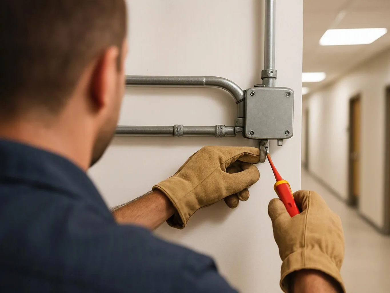 A gloved worker tests an electrical junction box on a wall in a hallway