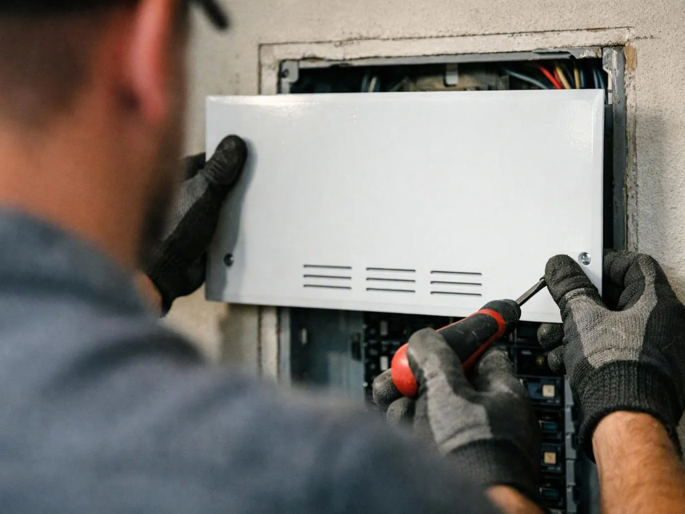 A gloved worker uses a screwdriver to fasten a white electrical panel into a wall opening