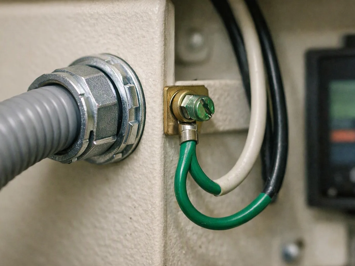 A gray conduit enters a beige metal panel beside green, white, and black wires connected to a terminal screw