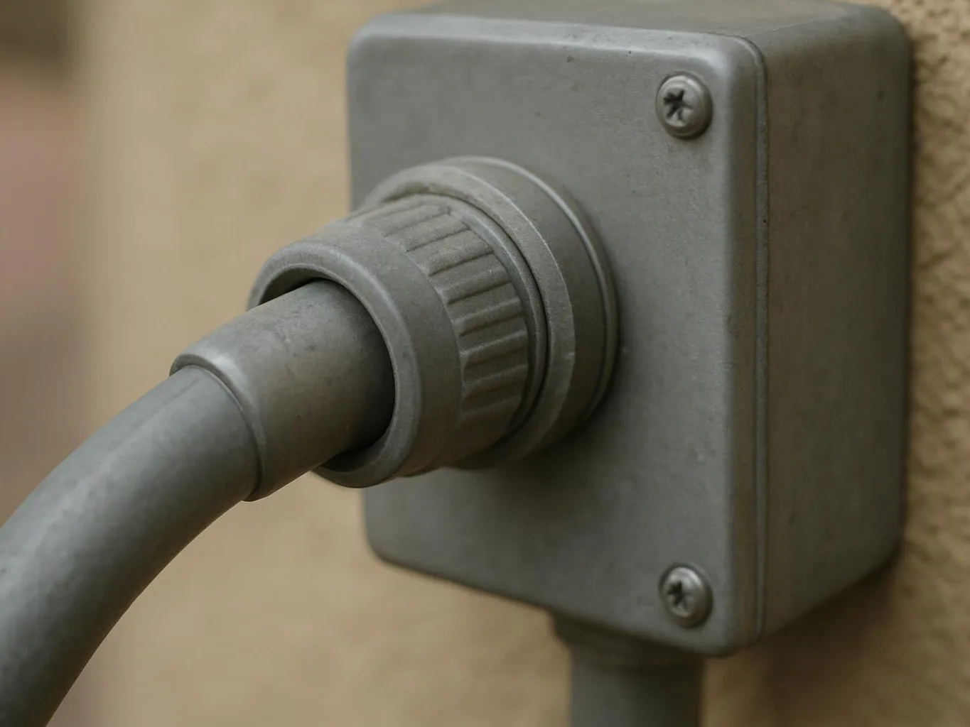 A gray electrical conduit plugs into a metal wall box with two visible screws