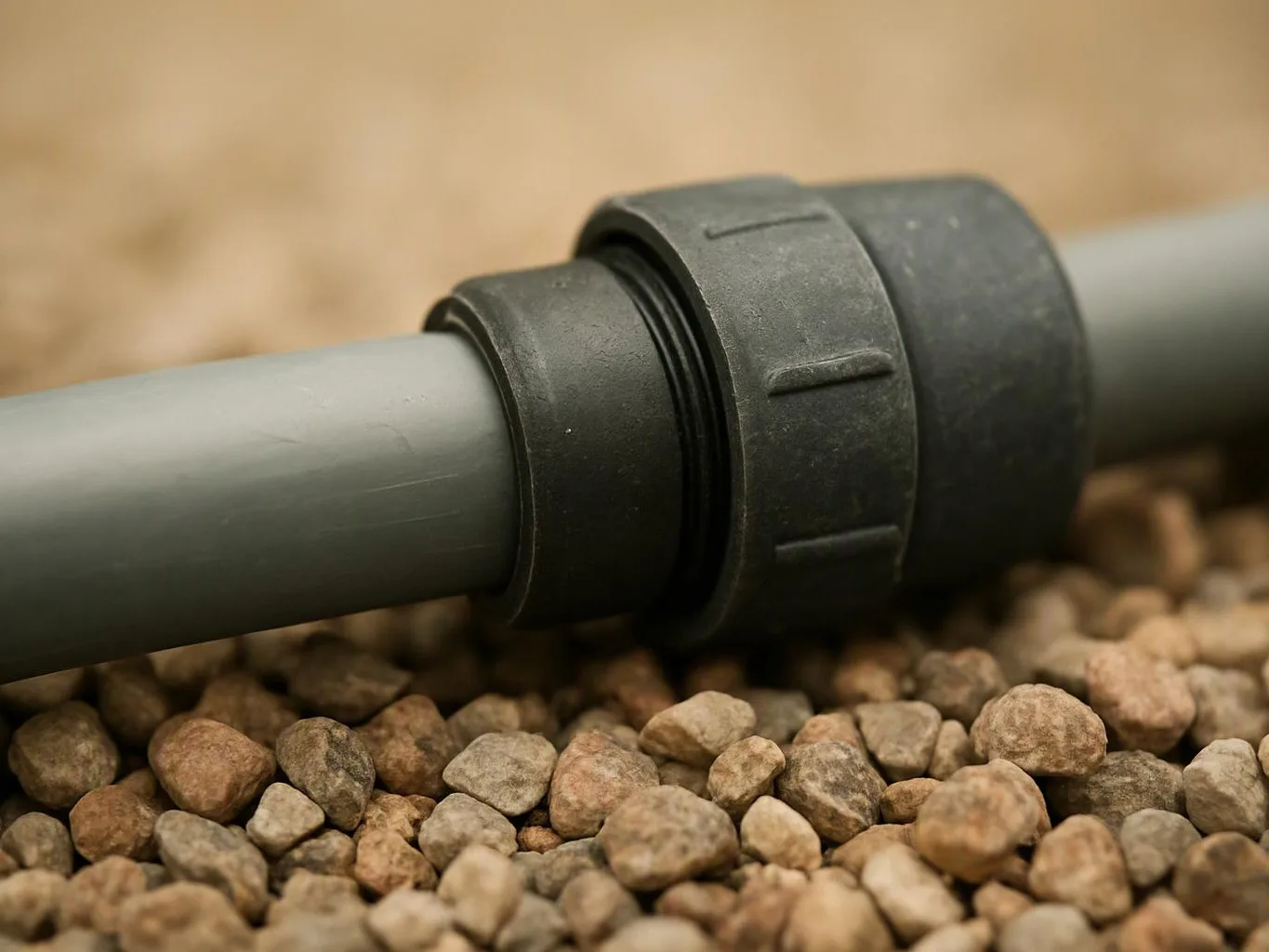 A gray pipe connects through a black plastic coupling above small gravel stones