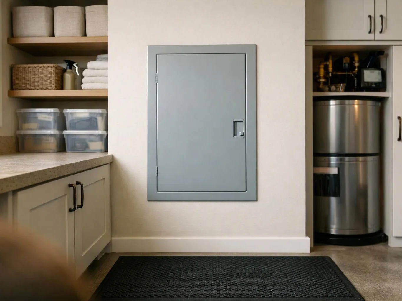 A gray wall panel door sits between kitchen shelves, cabinets, towels, storage bins, and a stainless steel appliance