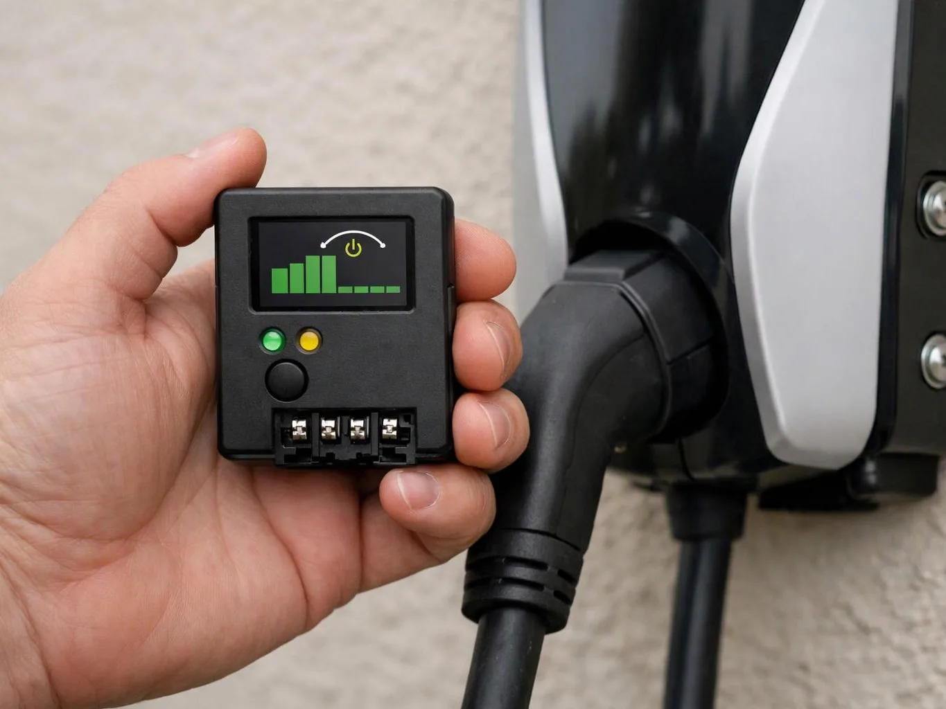 A hand holds a small battery meter beside an EV charging plug connected to a wall unit