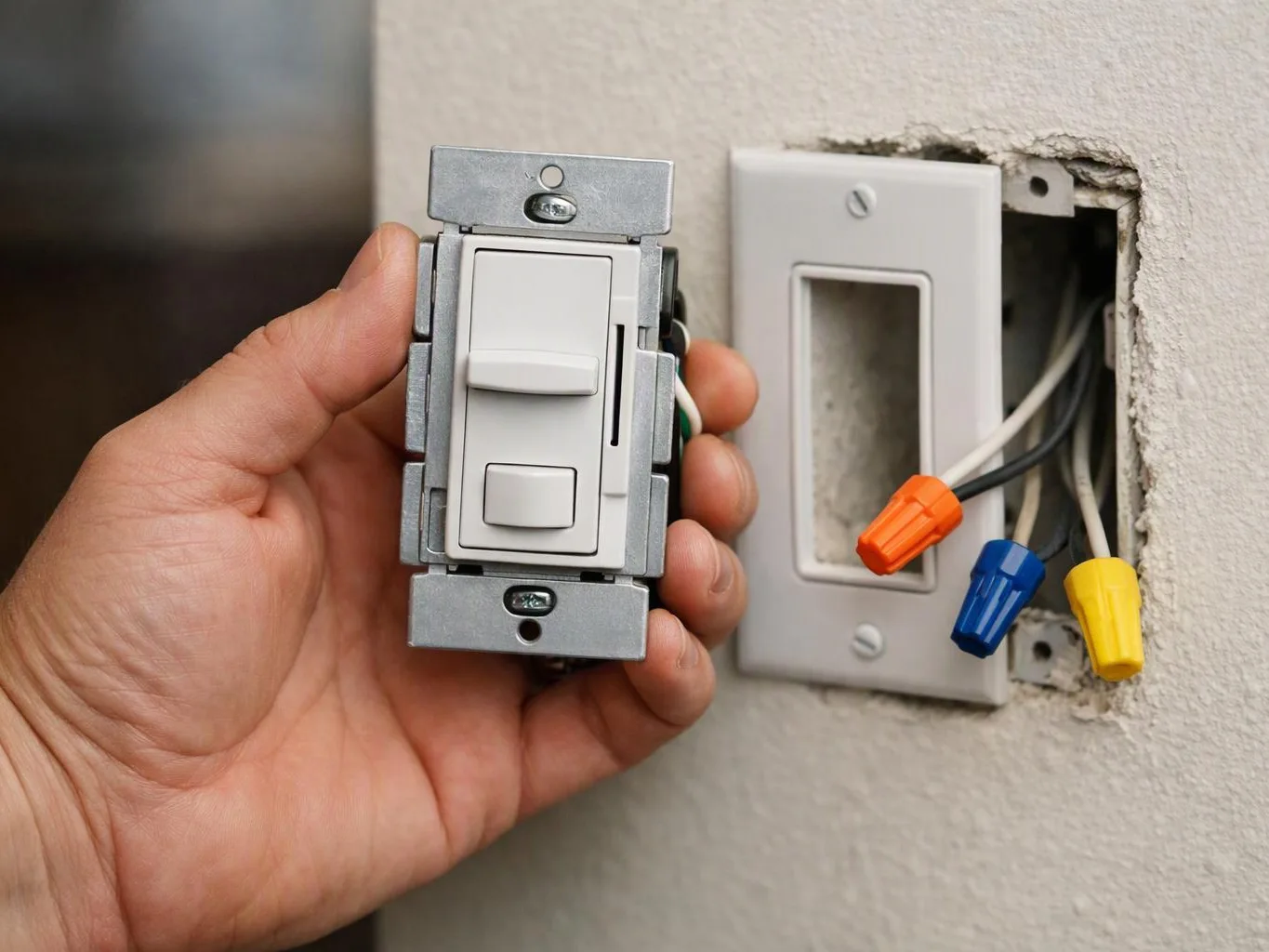 A hand holds a white wall dimmer switch beside an open electrical box with colored wire nuts exposed