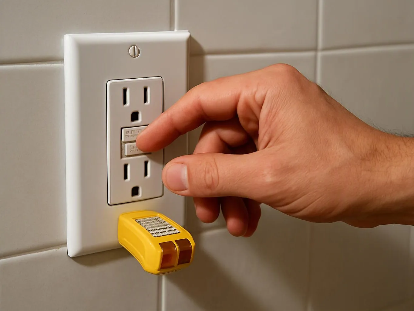A hand presses a small switch on a wall outlet, with a yellow plug-in device below it