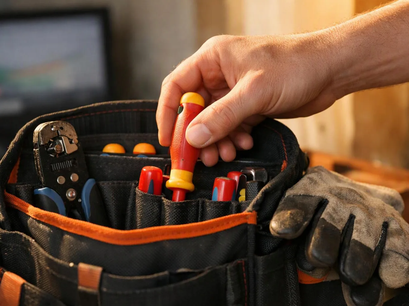A hand reaches into a tool bag and picks up a red and yellow screwdriver beside pliers and gloves