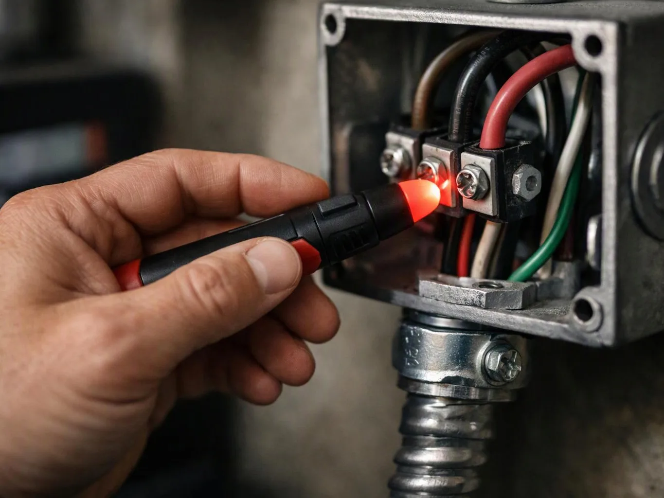 A hand tests wiring inside a metal electrical box with a glowing red probe