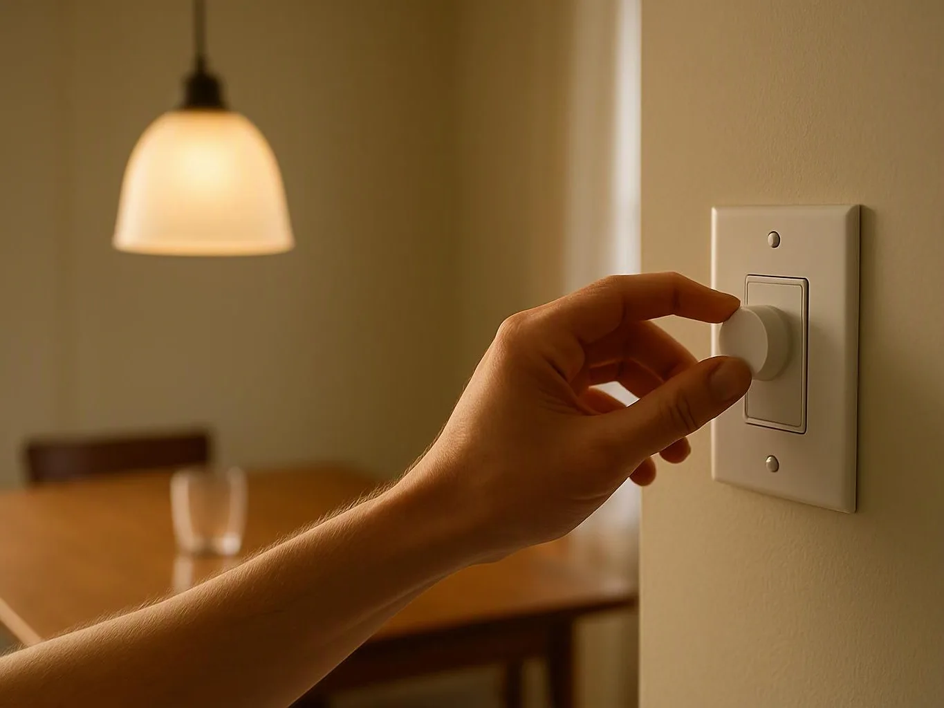 A hand turns a wall dimmer beside a softly lit pendant lamp in a dining room