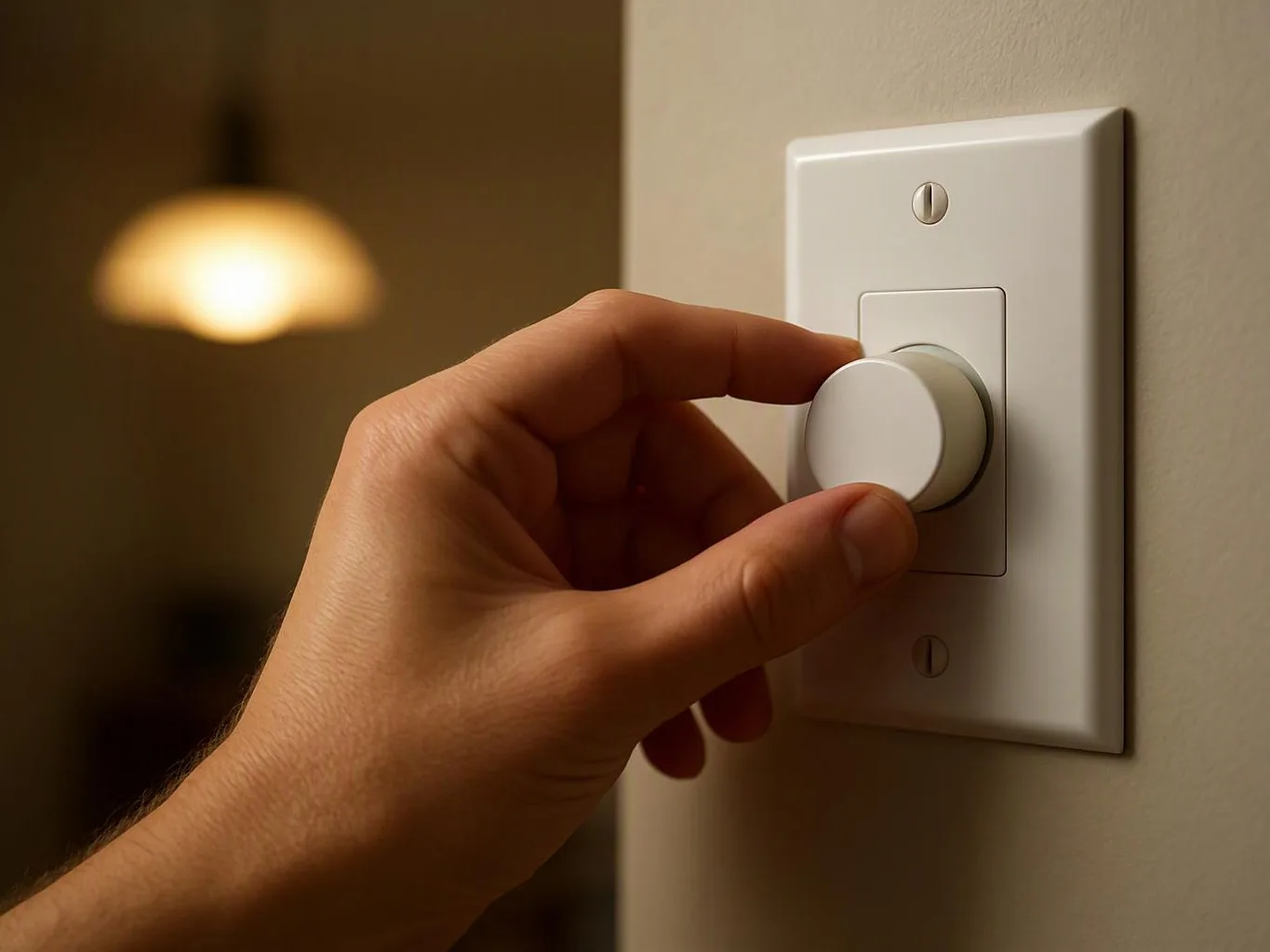 A hand turns a white wall dimmer switch beside a softly lit room