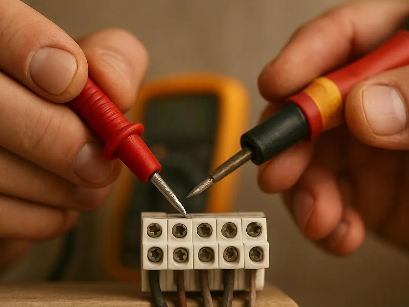Hands hold red and black multimeter probes above a small terminal block on a workbench