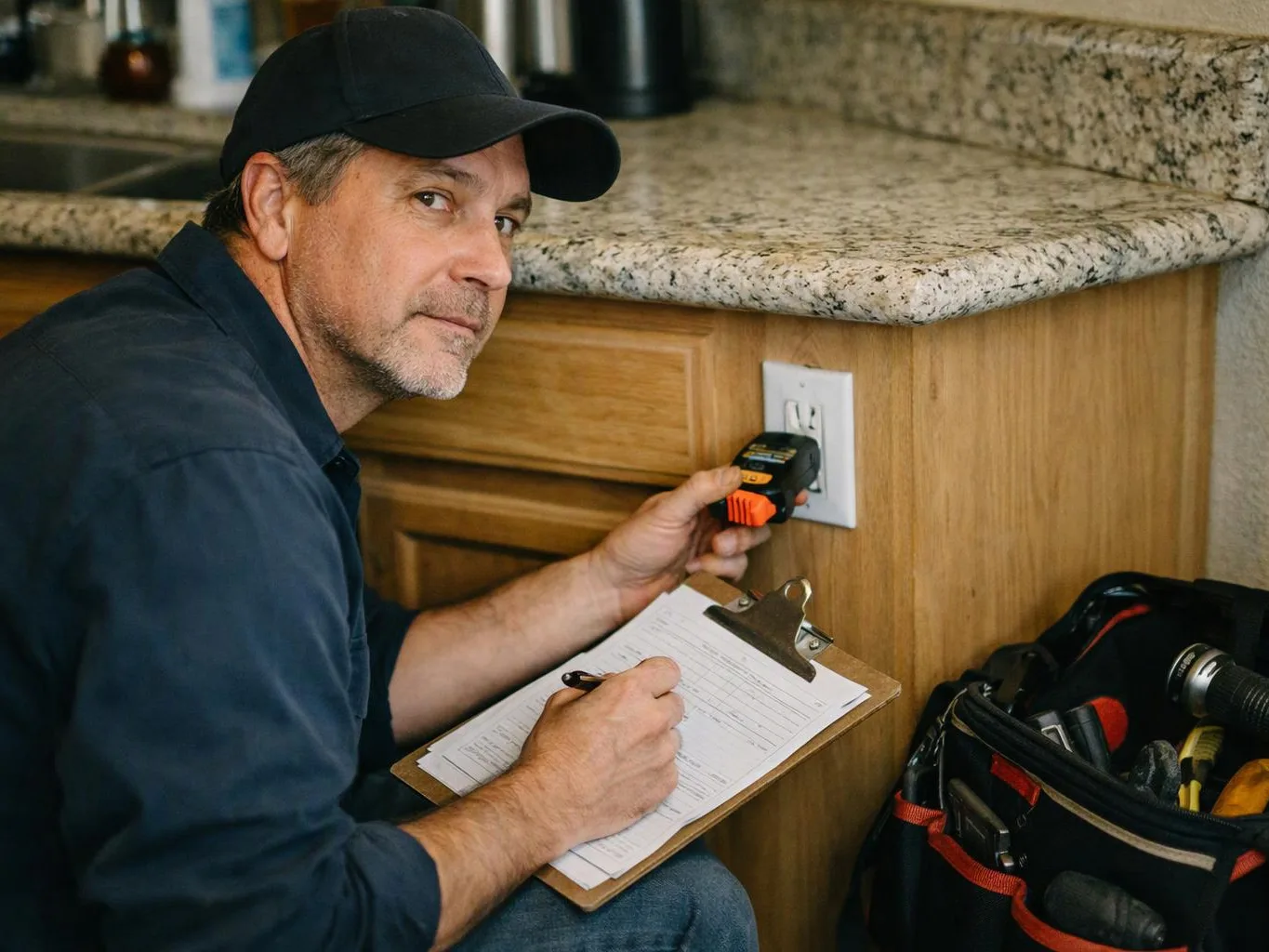 A handyman kneels by a kitchen cabinet, testing an outlet while holding a clipboard and tool bag nearby