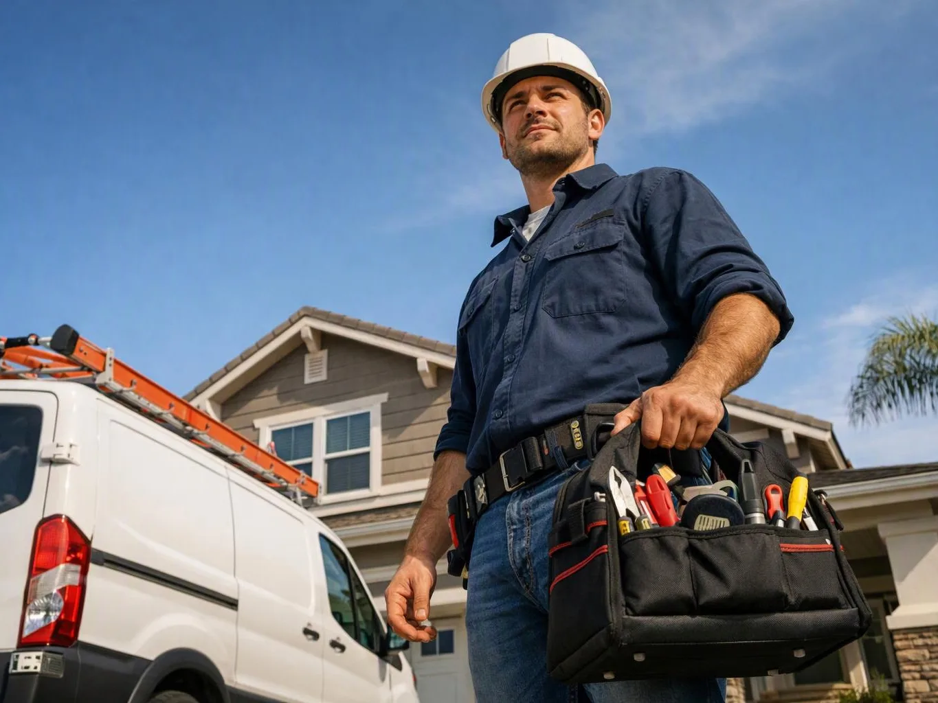 A hard hat worker stands beside a white van and house, holding a tool bag full of hand tools