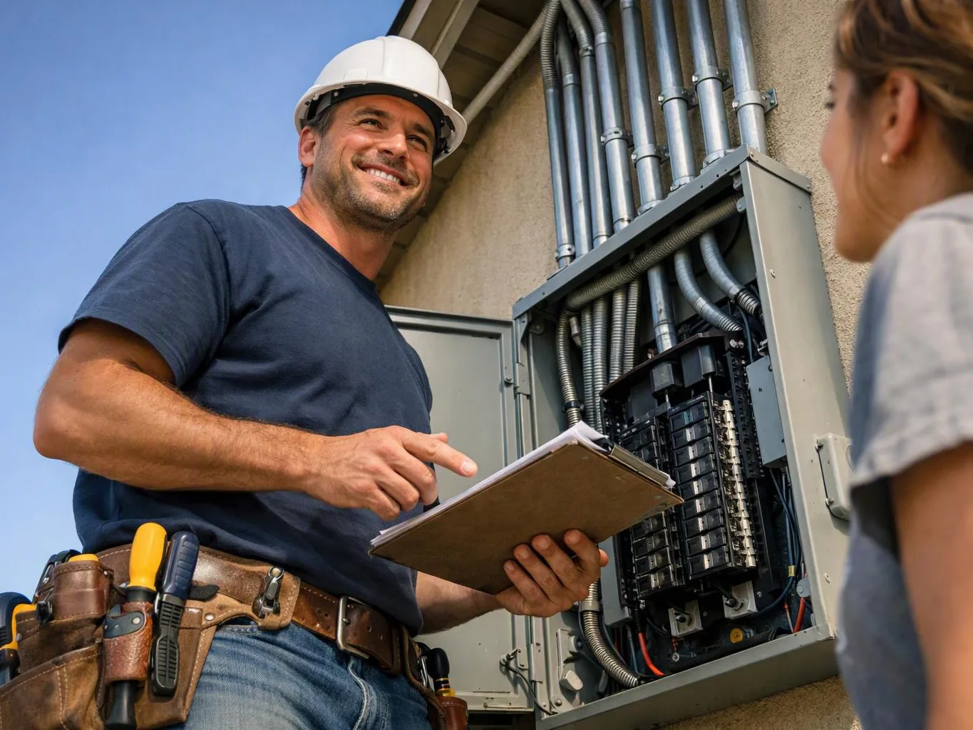A hardhat-wearing electrician checks an open breaker panel outdoors while speaking to a woman