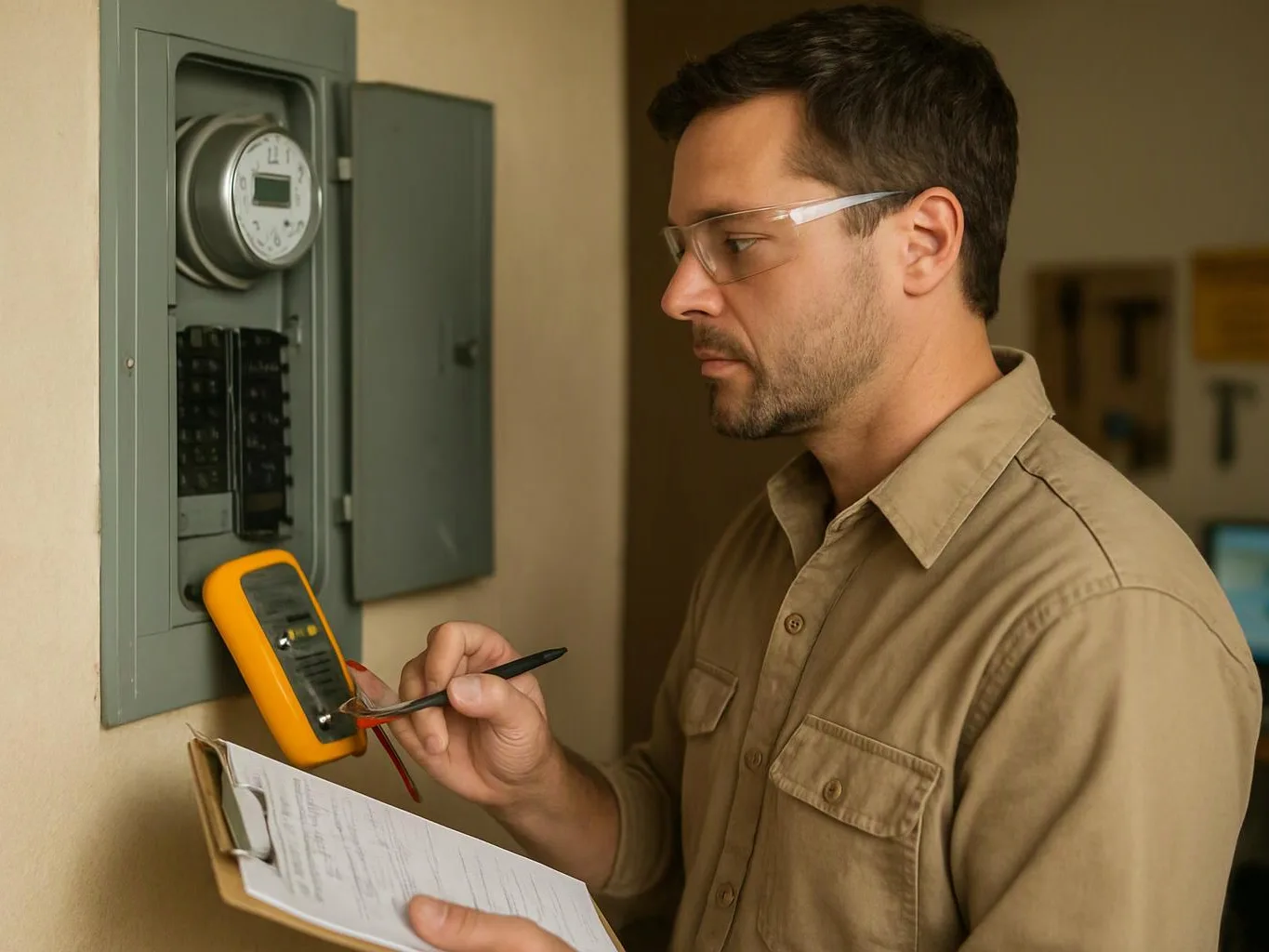 A man in safety glasses tests an electrical panel with a meter while holding a clipboard indoors