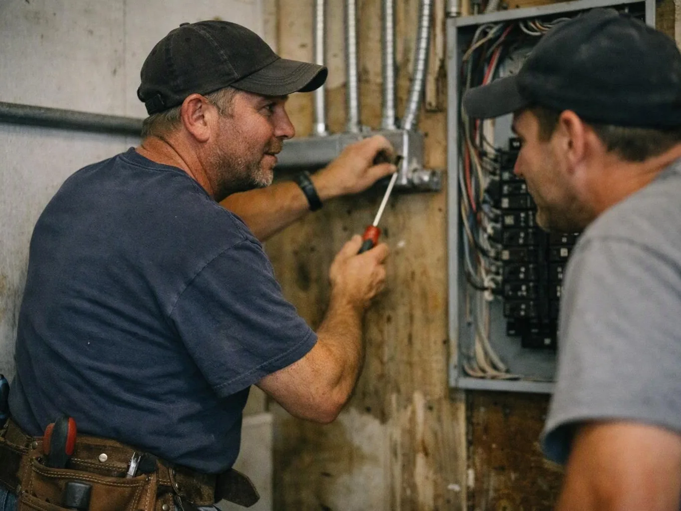 Two men work on an open electrical panel, one turning a screwdriver beside exposed wiring in a utility room