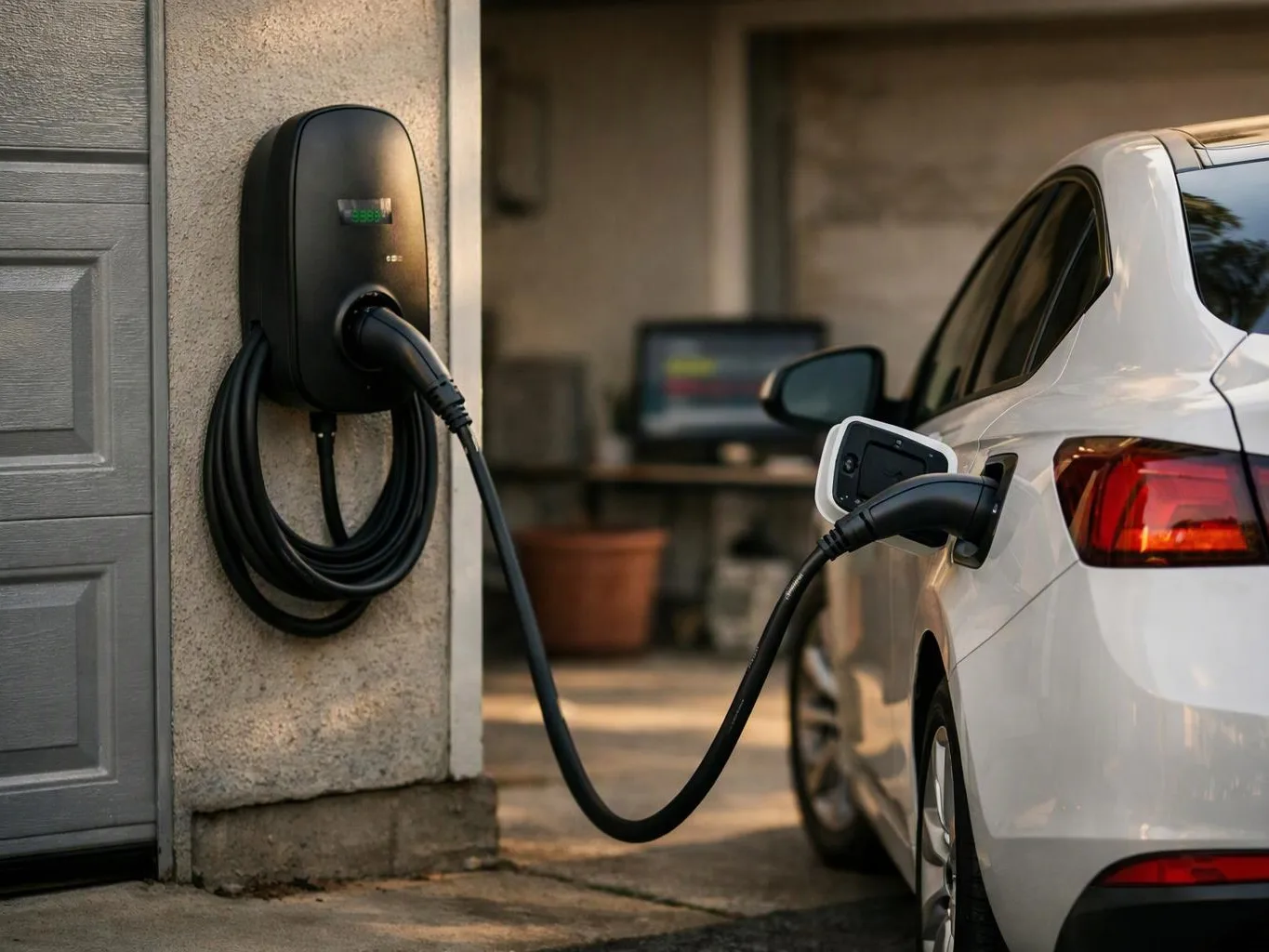 A white electric car charges in a garage, with a wall-mounted charger and cable beside it