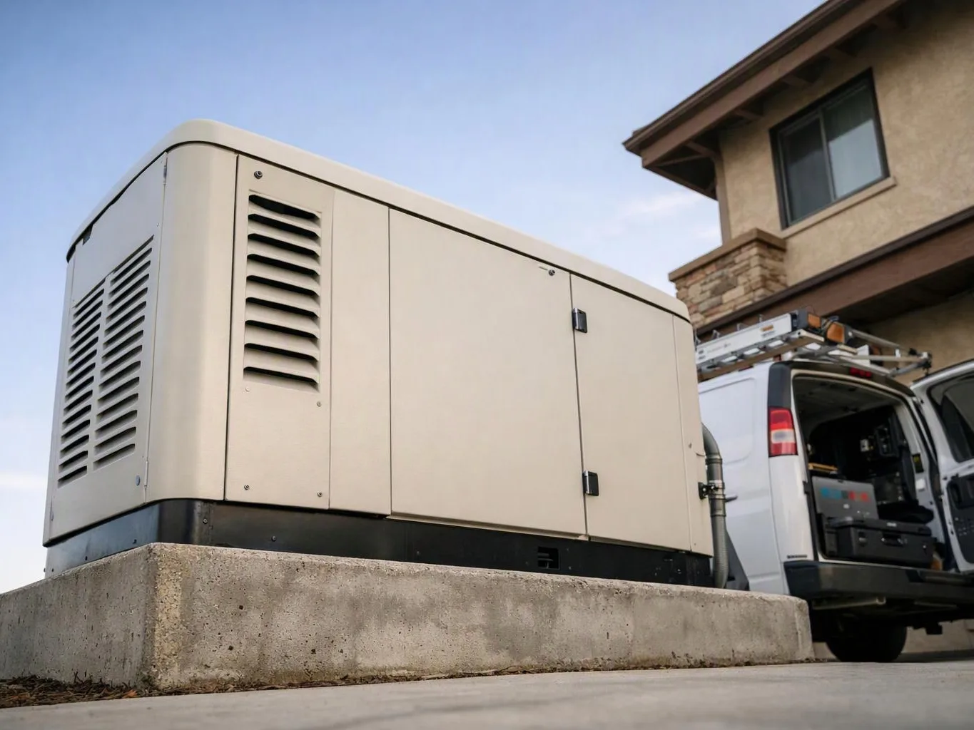 A large beige generator sits on a concrete pad beside a white van and a house exterior