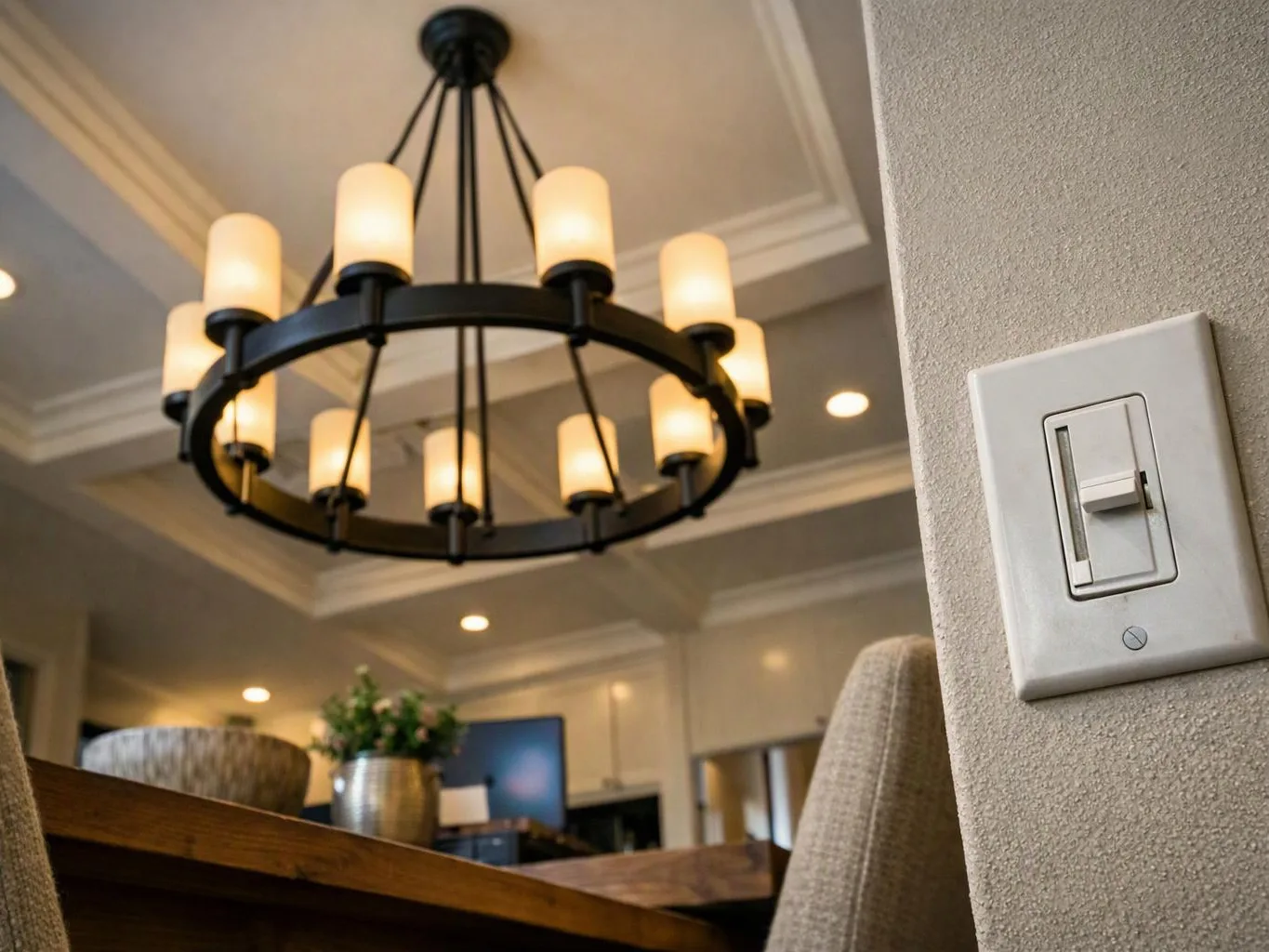 A lit chandelier hangs above a room with a wall switch in the foreground and a table below